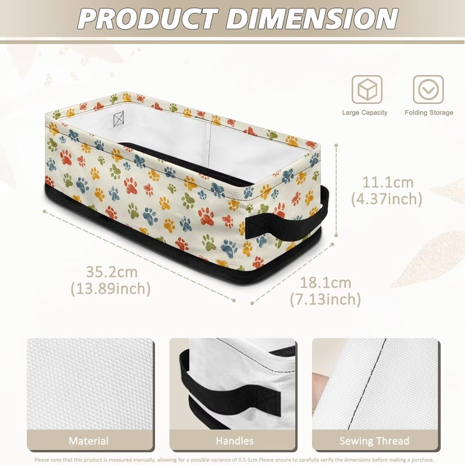 Rectangular Storage Basket for Organizing Bathroom Storage Bins Toilet Paper Towels Baskets Small Items Fabric Organizer Storage Container Box, Colorful Paw Print Cream White image 5