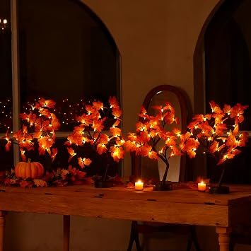 4 Pack Artificial Fall Lighted Maple Tree 24 LED Thanksgiving Decorations Battery/USB Operated Tree Light for Wedding Party Indoor Autumn Harvest Home Fall Decor,Warm White