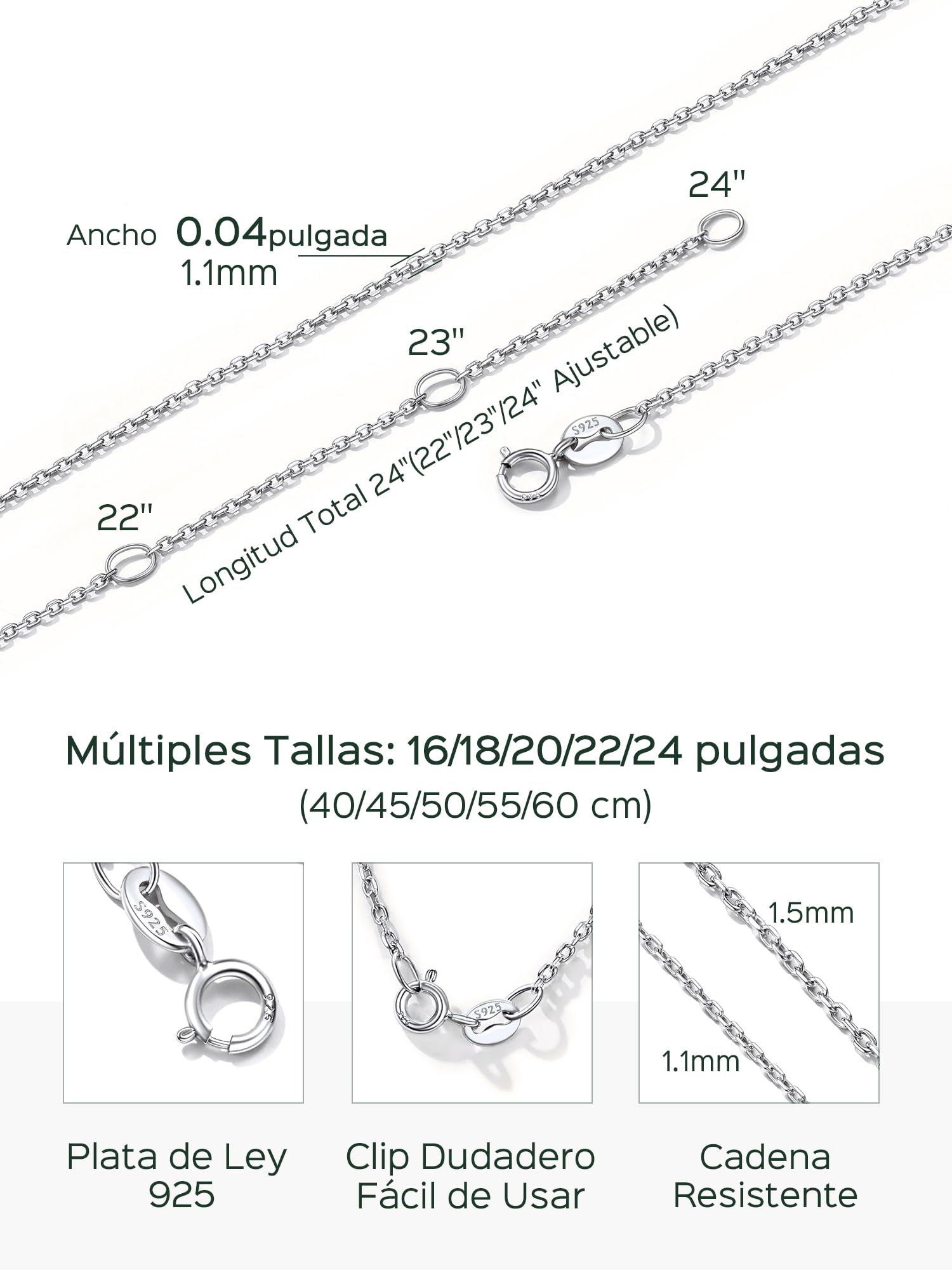 ChicSilver 2PC Cadenas Finas Mujer Plata de Ley 925 1.1mm 40cm 45cm Collar Minimalista