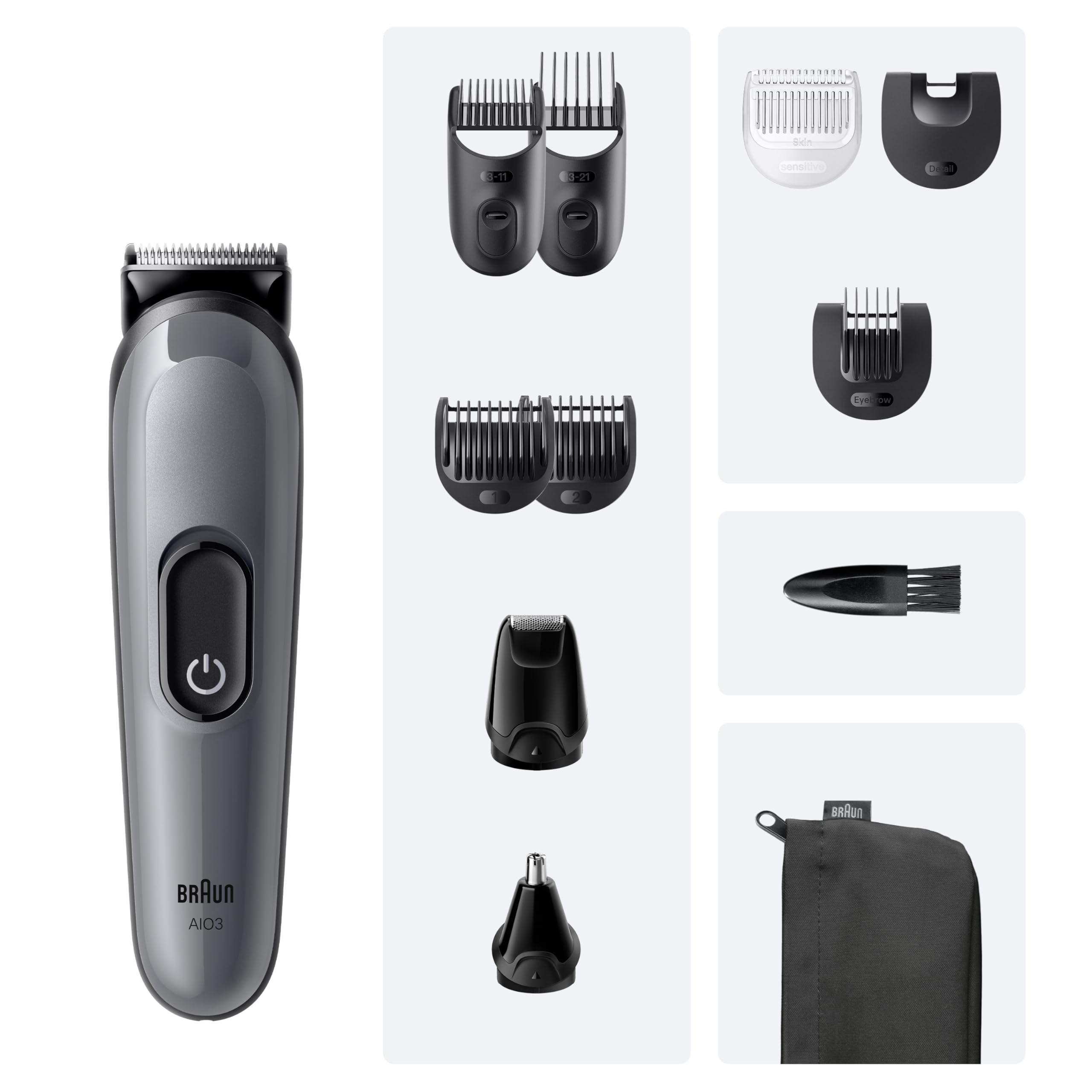 Braun Recortadora Todo en Uno Series 3 AIO3565, Gris - Kit de Styling 11en1 para Barba Y Pelo, 14 Longitudes, Máquina de Cortar Pelo con Autonomía de 50 Min, Cortapelos Hombre, Recorte Fácil Y Rápido