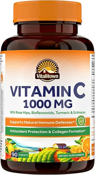 Vitalitown Vitamin C Complex 1000mg with Rose HIPS, Bioflavonoids, Turmeric & Echinacea, Daily Immune Support, Collagen Booster & Powerful Antioxidant, Vegan, 90 Tablets