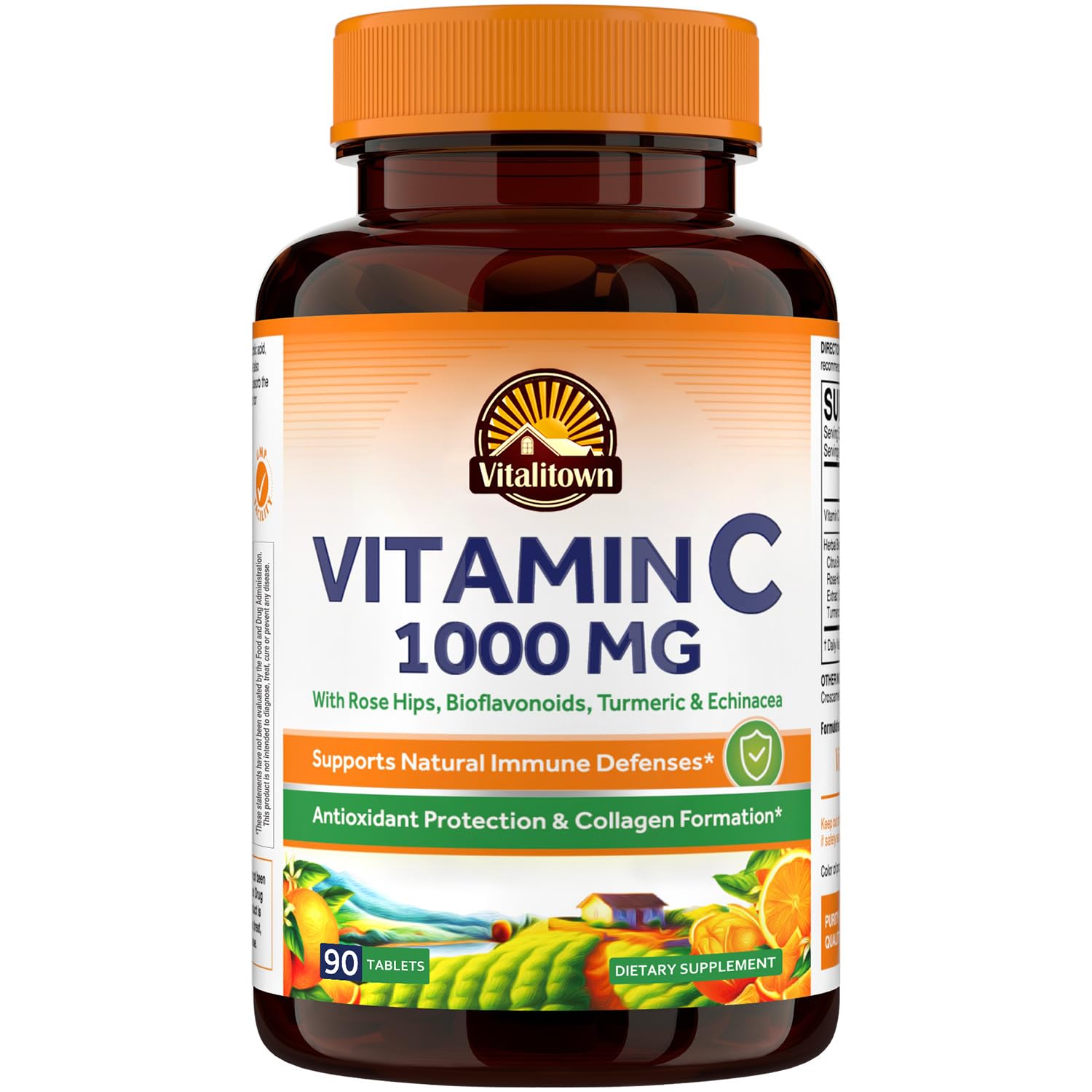 Complejo de vitamina C Vitalitown 1000 mg con bioflavonoides de escaramujo, cúrcuma, equinácea, refuerzo inmunitario diario, potenciador de colágeno, potente antioxidante, vegano, 90 comprimidos