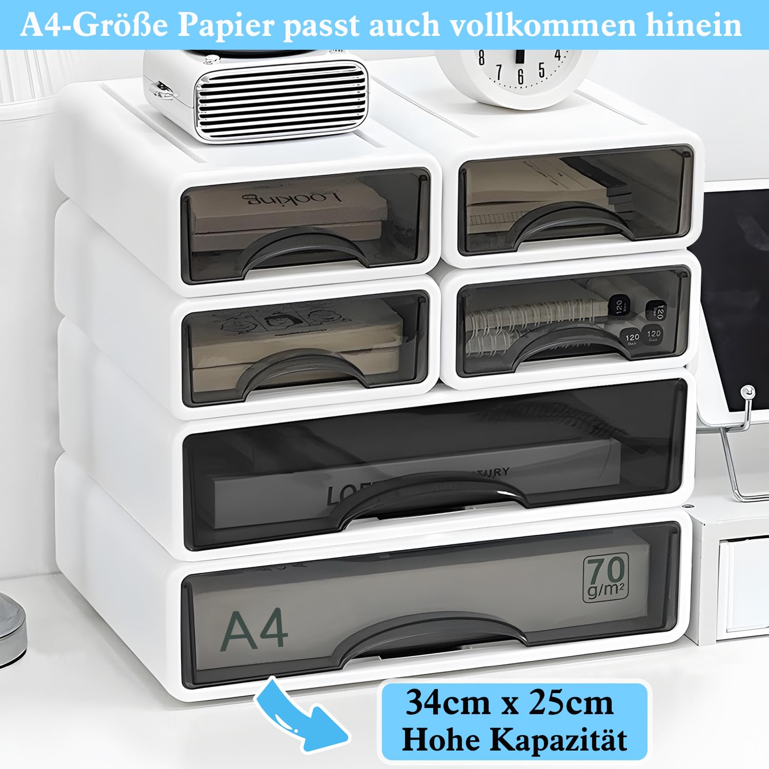 6er Set Schreibtisch Schubladenbox A4 A5 Gross, Büro Organizer mit Schubladen Stapelbar, Aufbewahrungsbox mit Schublade für Stifte, Radiergummi und Schreibwaren