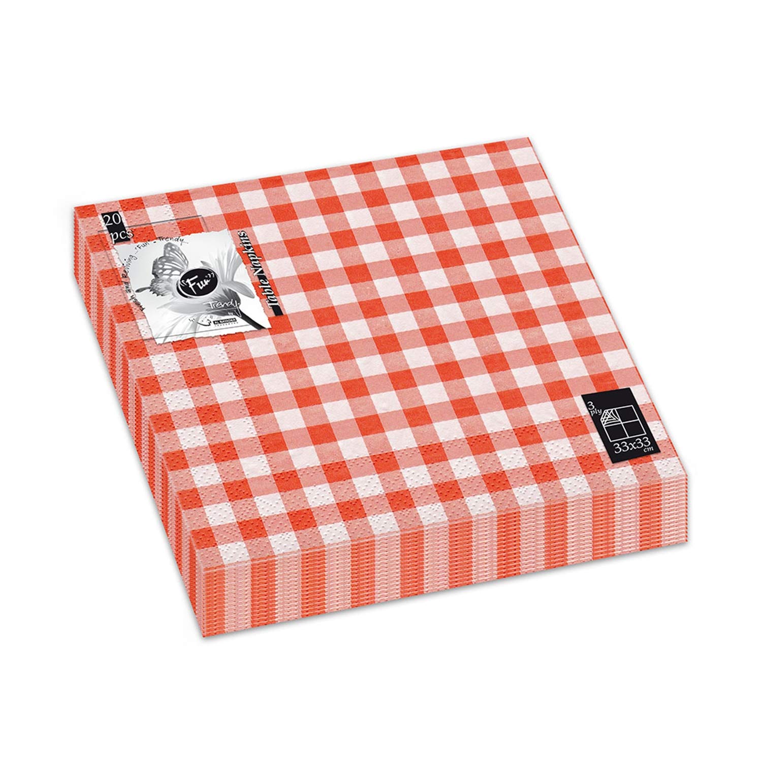 Fun Trendy 3-Ply Napkin 33x33cm - Orange Checked - Pack of 20