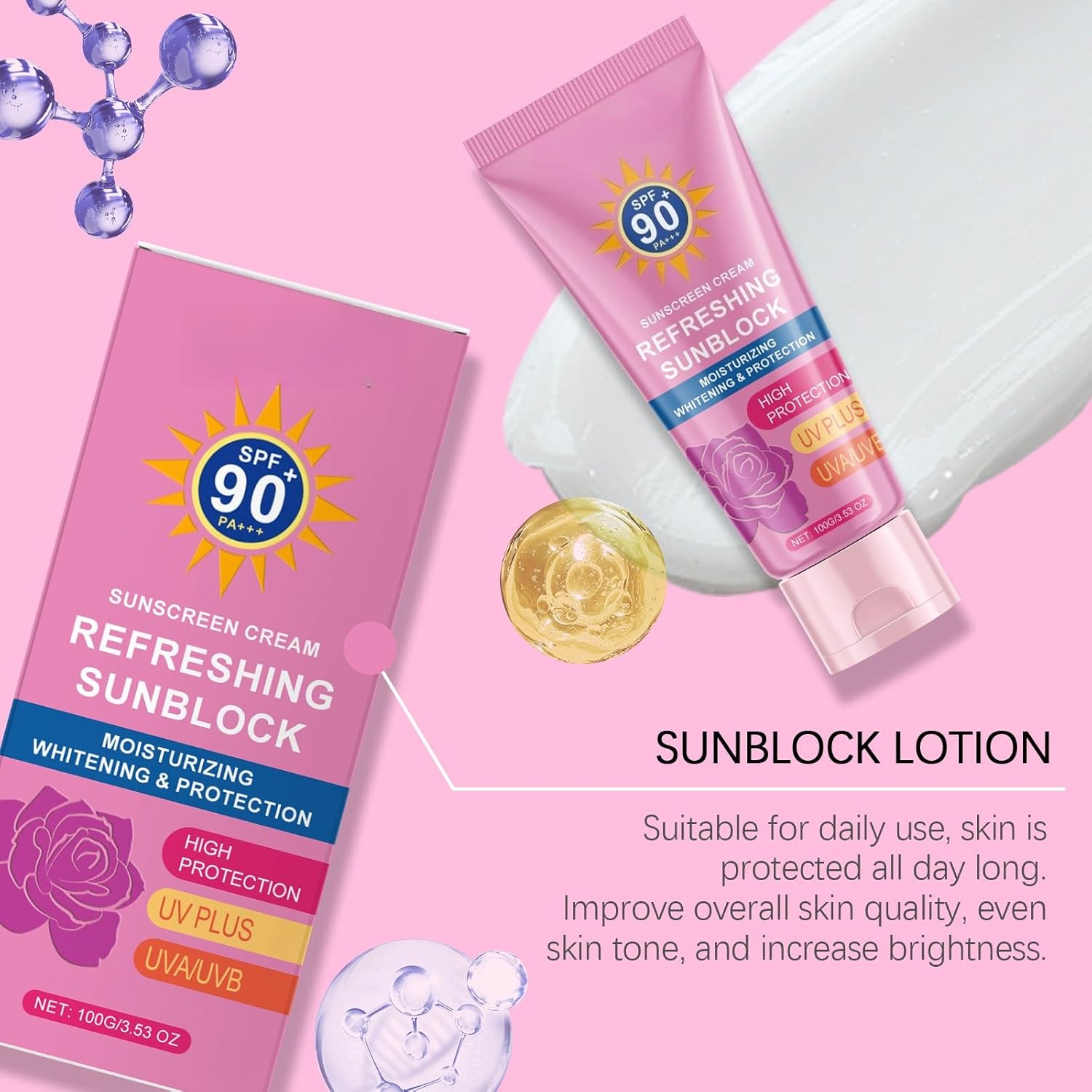 2PCS Sunscreen SPF 90, Sunscreen Lotion for Face & Body SPF 90 PA+++ Sun Screen Protector Under Makeup Cream Sweat-Proof Moisturizing Skin 2packs
