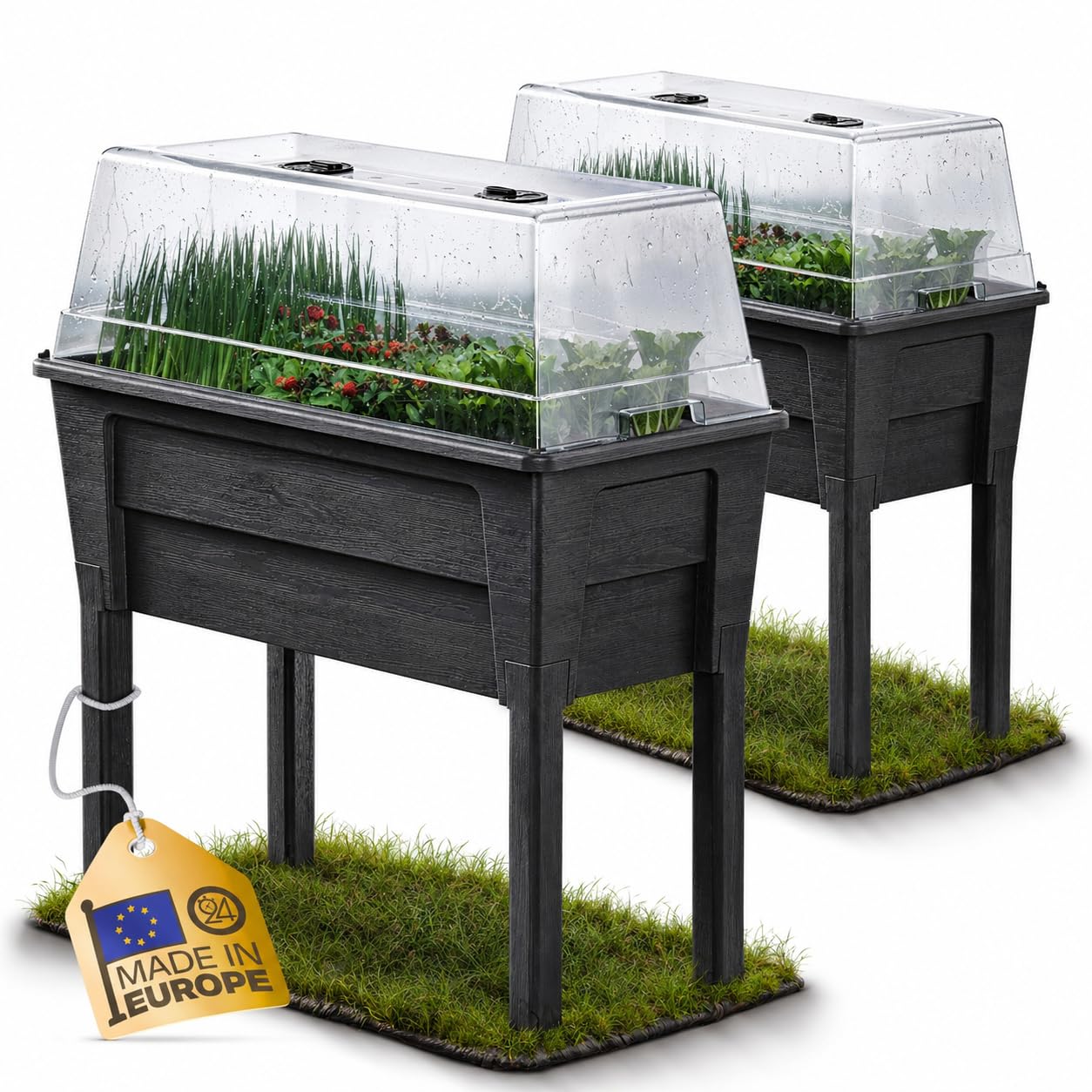 Ondis24 Garten Hochbeet Blumenkübel Victoria für Balkon, Pflanzkasten mit Gewächshaus, Volumen 50 L, Wasserspeicher, Tröpfchenbewässerung, abnehmbare Füße, Outdoor geeignet (2, Anthrazit)