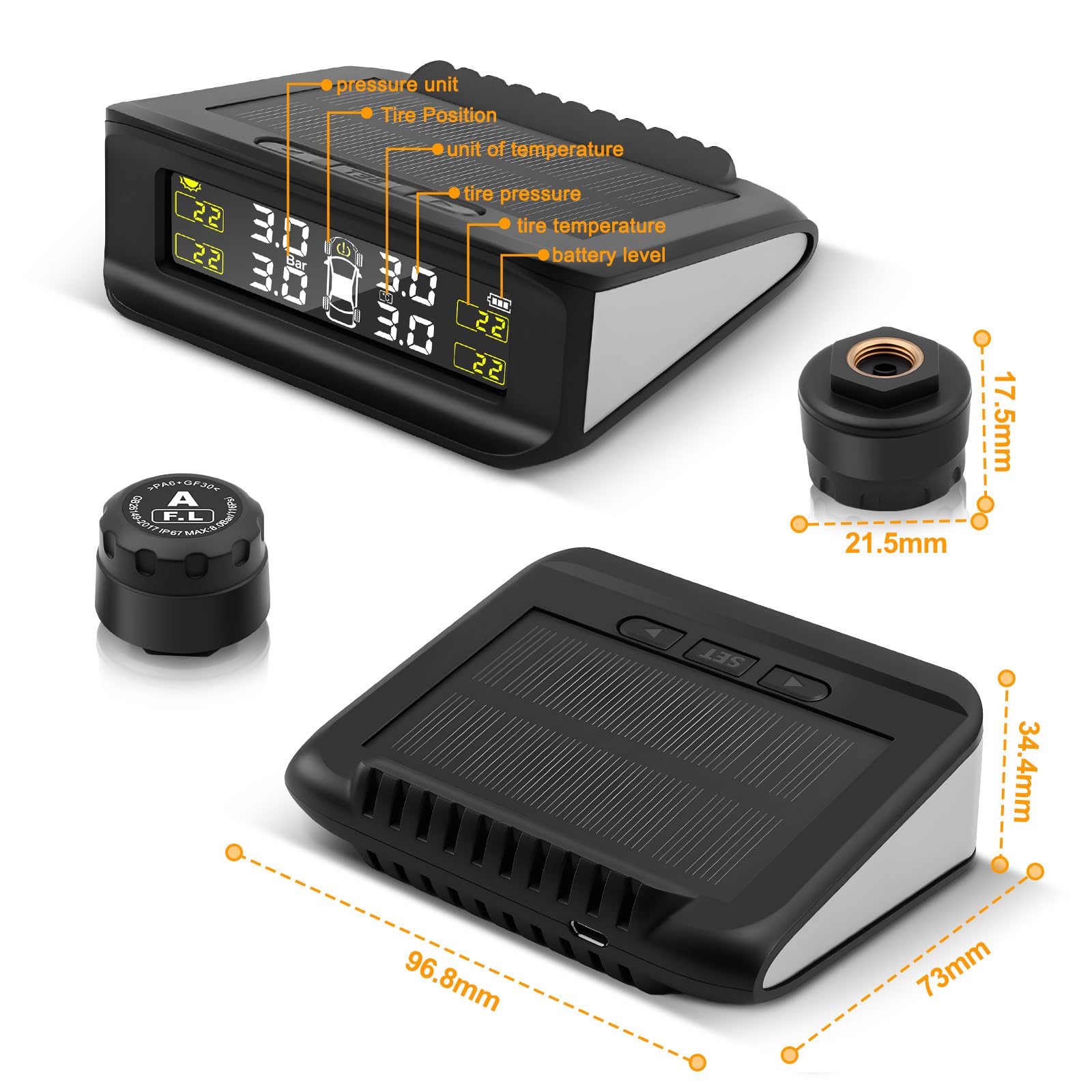 TPMS Sistema de Monitoreo de Presión de Neumáticos, Carga Solar/USB, 5 Funciones de Alarma, 4 Sensores Externos, 0-87 PSI/0-6.0 Bar,Compatible Berlina/SUV/MPV