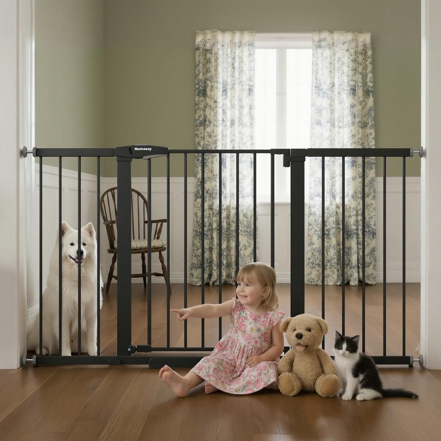 Mumeasy 36" Extra Tall Baby Gate for Doorways, 29.7"-57" Extra Wide Dog Gate for Stairs, Pressure Mounted Auto Close Pet Safety Gate with Easy Walk Thru Door, Large Indoor Child Gate for House, Black