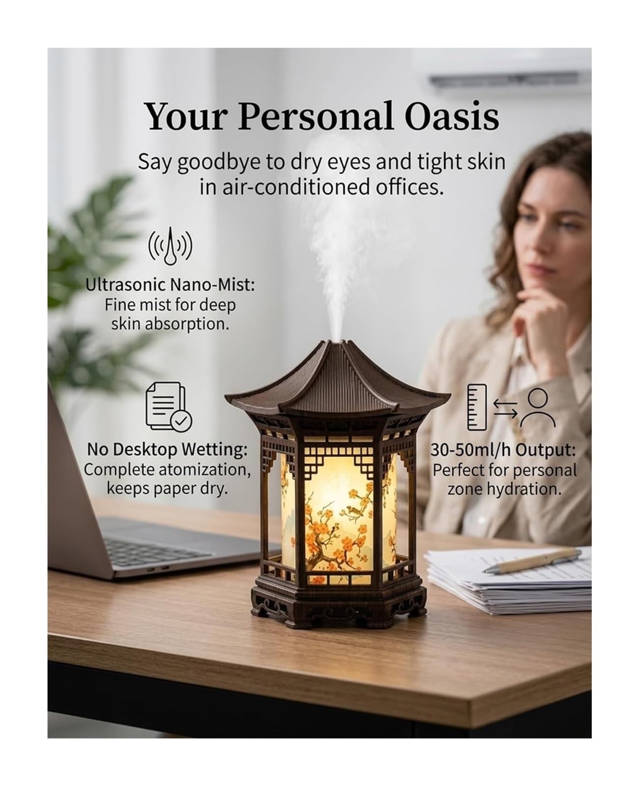 Zen Pavilion Lantern dyfuzor zapachowy i lampka nocna, 160 ml, dyfuzor olejków eterycznych, nawilżacz powietrza z 2 trybami mgły, ciepła zimna biel, LED, cichy, osobisty nawilżacz do jogi, medytacji