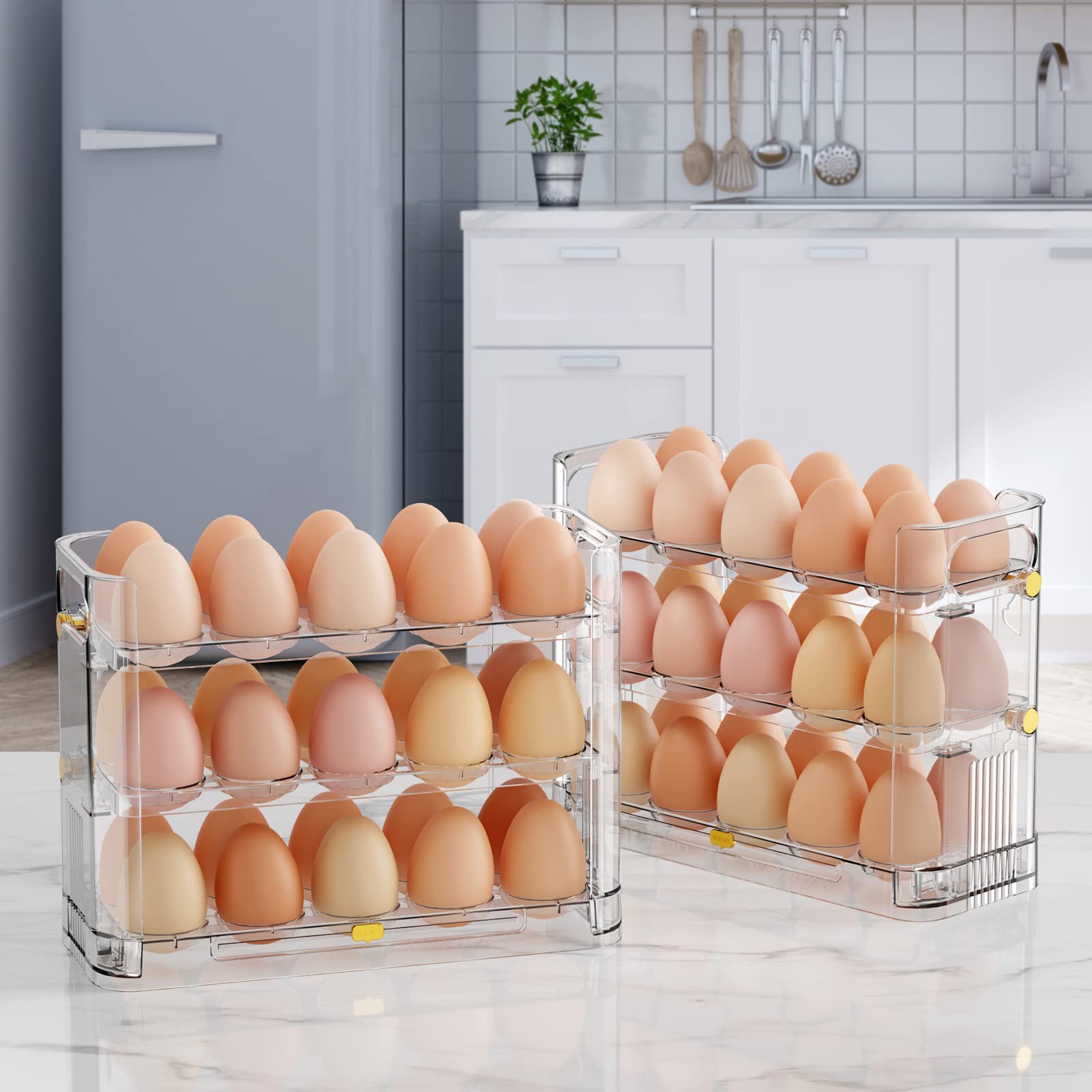 Soporte reversible para huevos para refrigerador y encimera, bandeja de almacenamiento transparente para 30 huevos 5