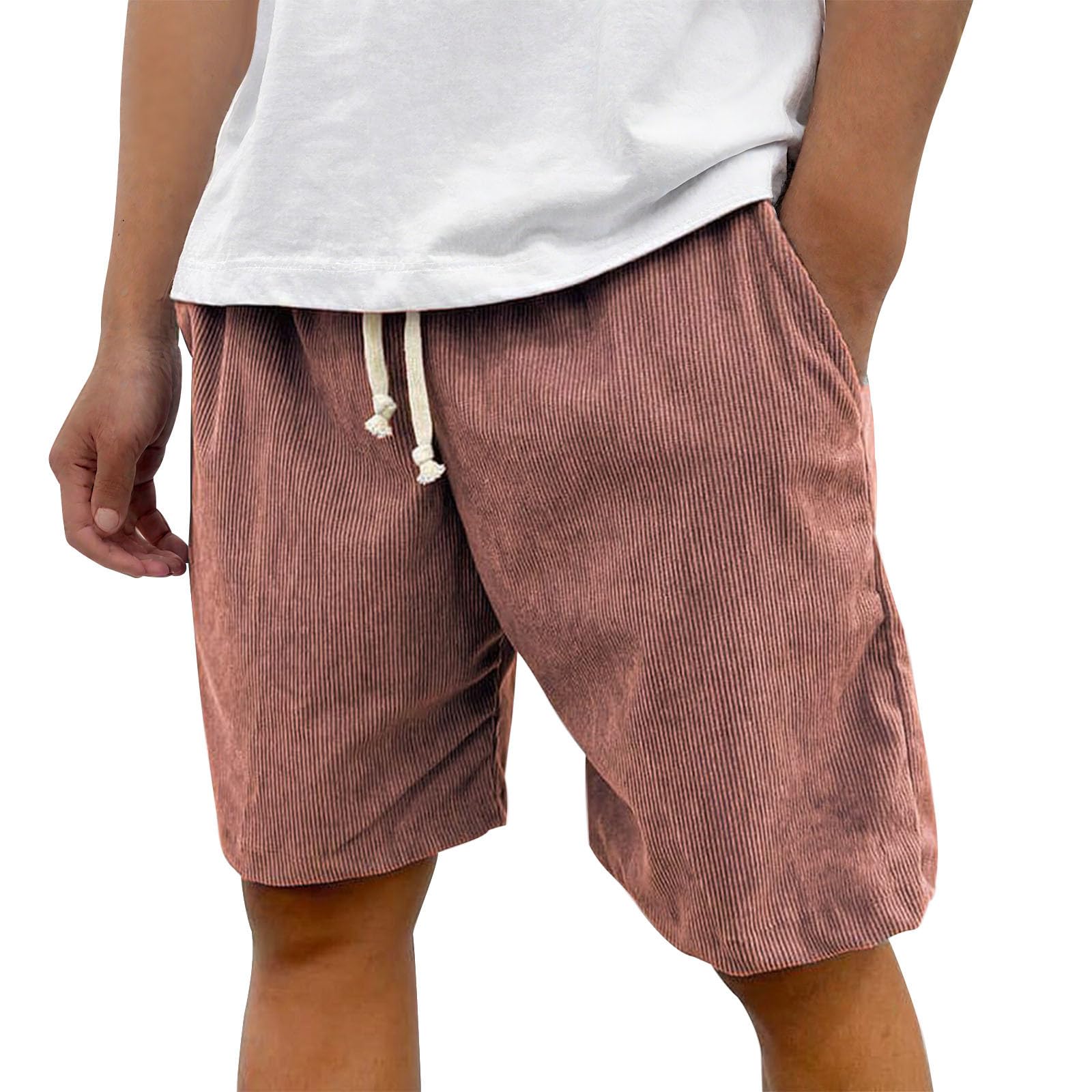 Men's Vintage Corduroy Shorts Fashion Elastic Drawstring Waist Short Pants Plus Size Solid Color Shorts with Pockets