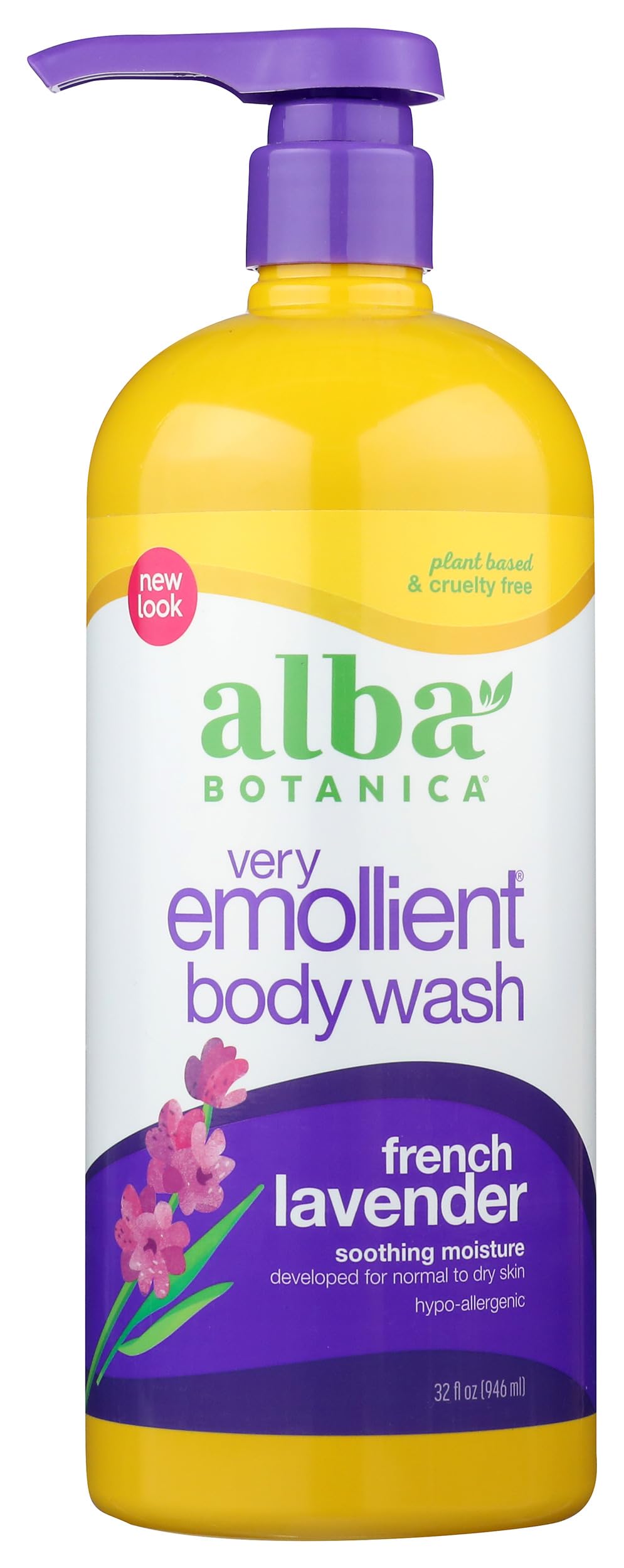 Alba Botanica Gel de baño y ducha muy emoliente de lavanda francesa, 32 onzas