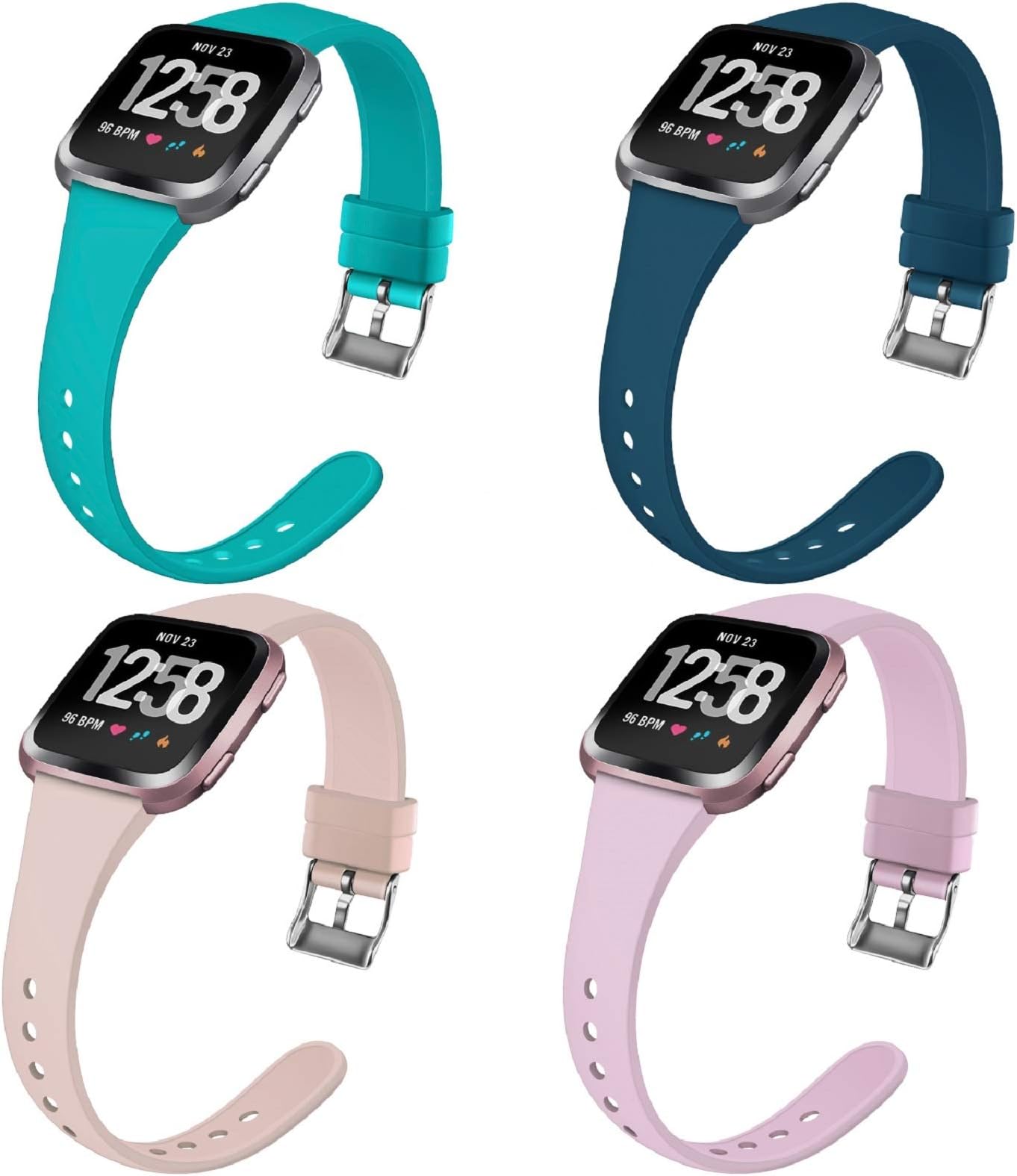Coperr 4 Packs Bands Compatible with Fitbit Versa/Fitbit Versa 2/Fitbit Versa Lite for Women Men, Narrow Slim Soft Silicone Replacement Wristband for Fitbit Versa Smart Watch with Buckle Design