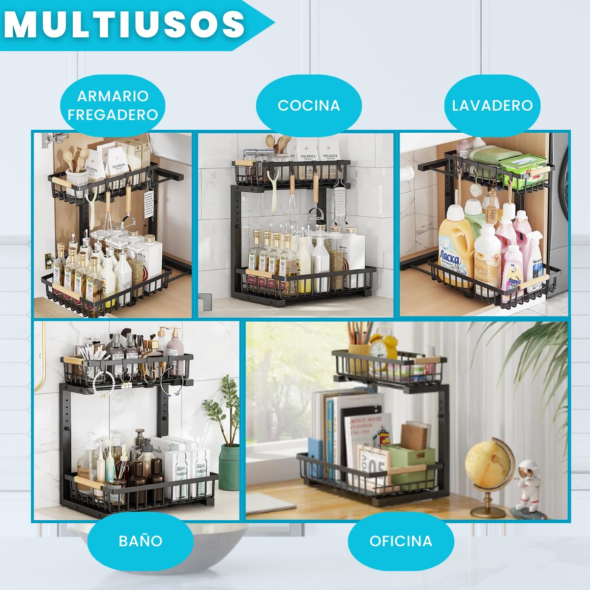 Organizador Bajo Fregadero Multiusos Fácil de Montar PREMIUM | Organizador Cocina, Baño, Lavadero | Acero Carbono 2 Niveles, Cestas Extraíbles, Altura Ajustable y Forma de L | Hogar y cocina