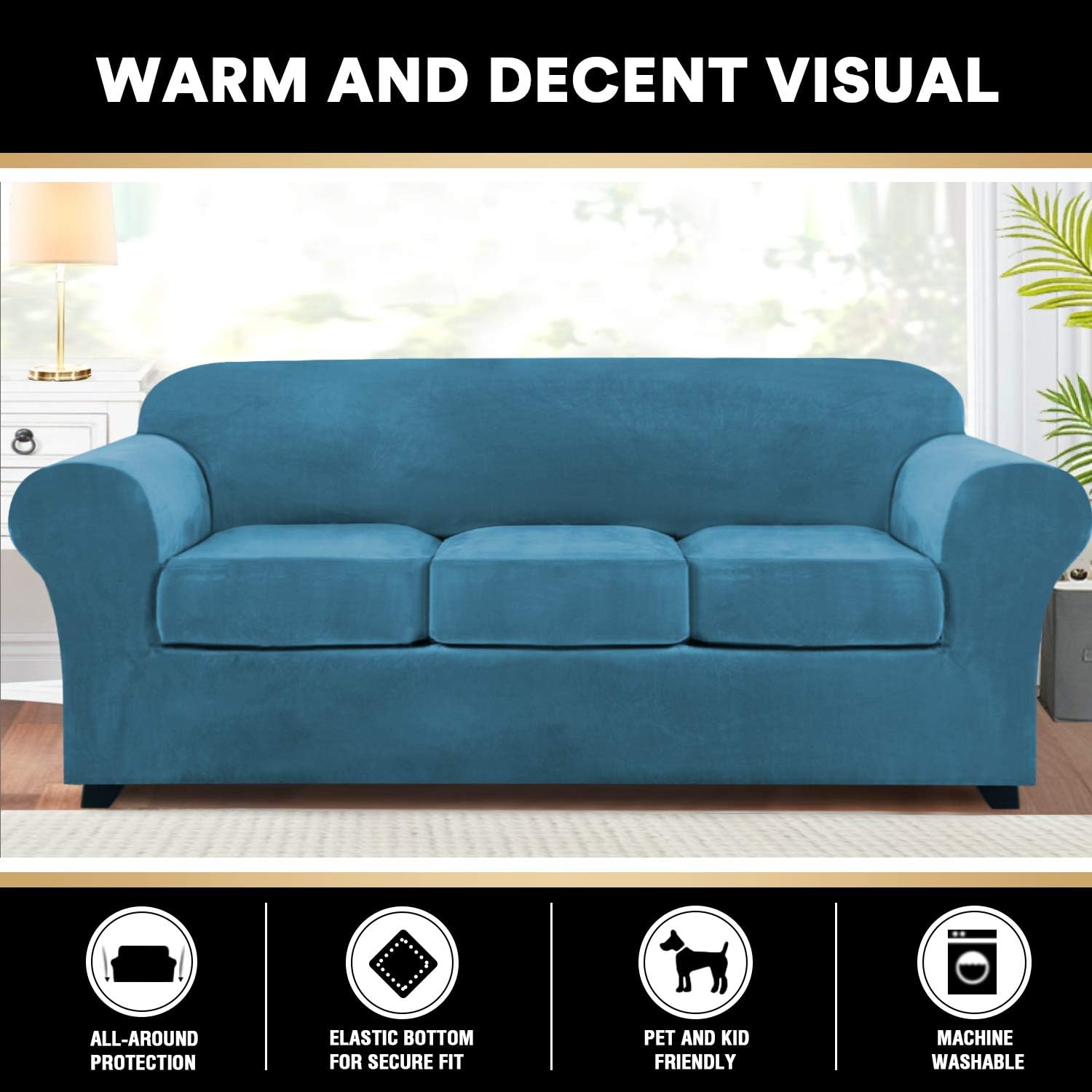 Real Velvet Couch Cover Bundle Loveseat Covers, Furniture Protector, Plaid Pattern, Removable and Washable, Blue