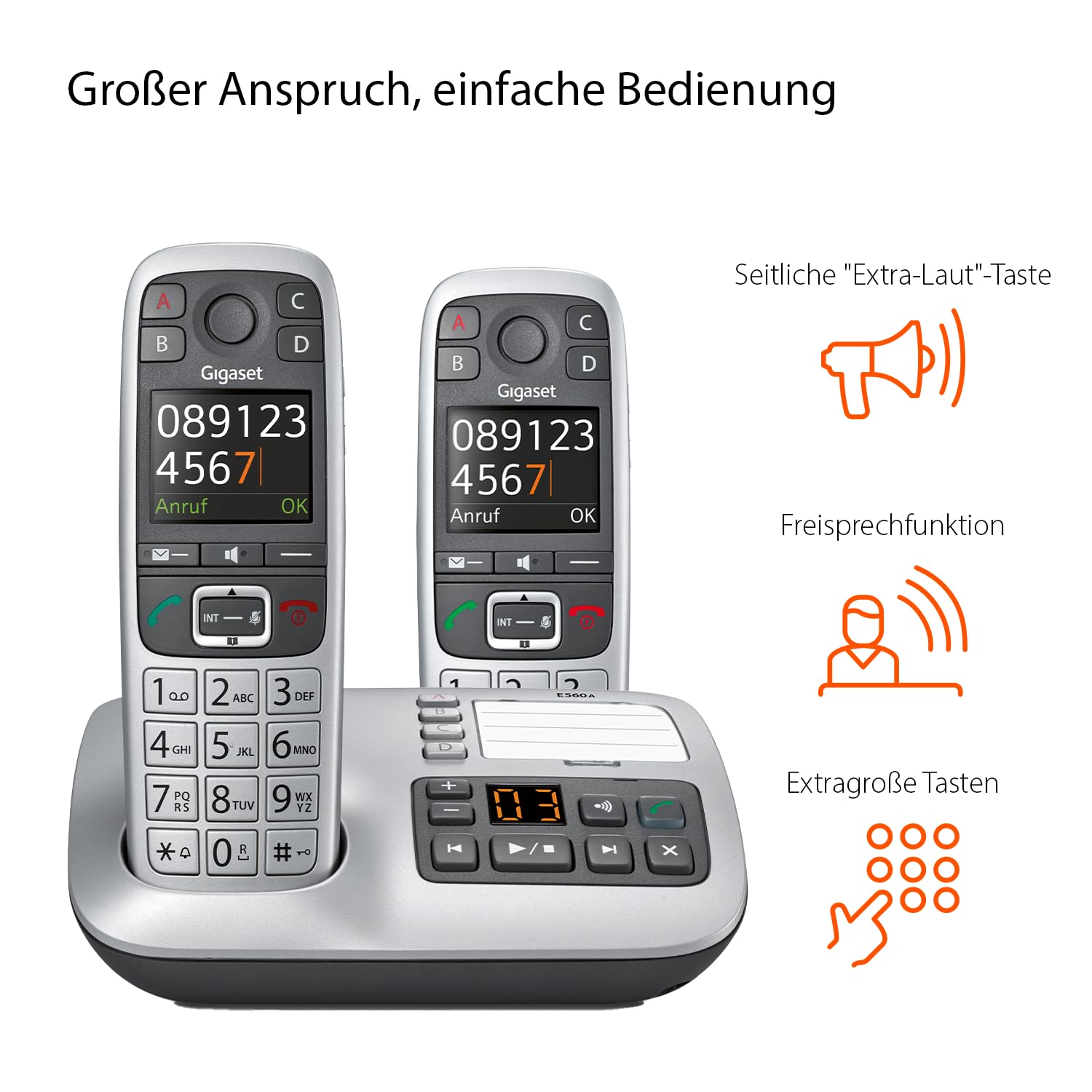 Gigaset E560A & E560HX - 2 DECT-Mobilteile mit Anrufbeantworter - Schnurloses Senioren-Telefon - Notruf mit 4 Nummern - Extralaut-Taste - Tastenfeld mit extragroßen Tasten, Silber
