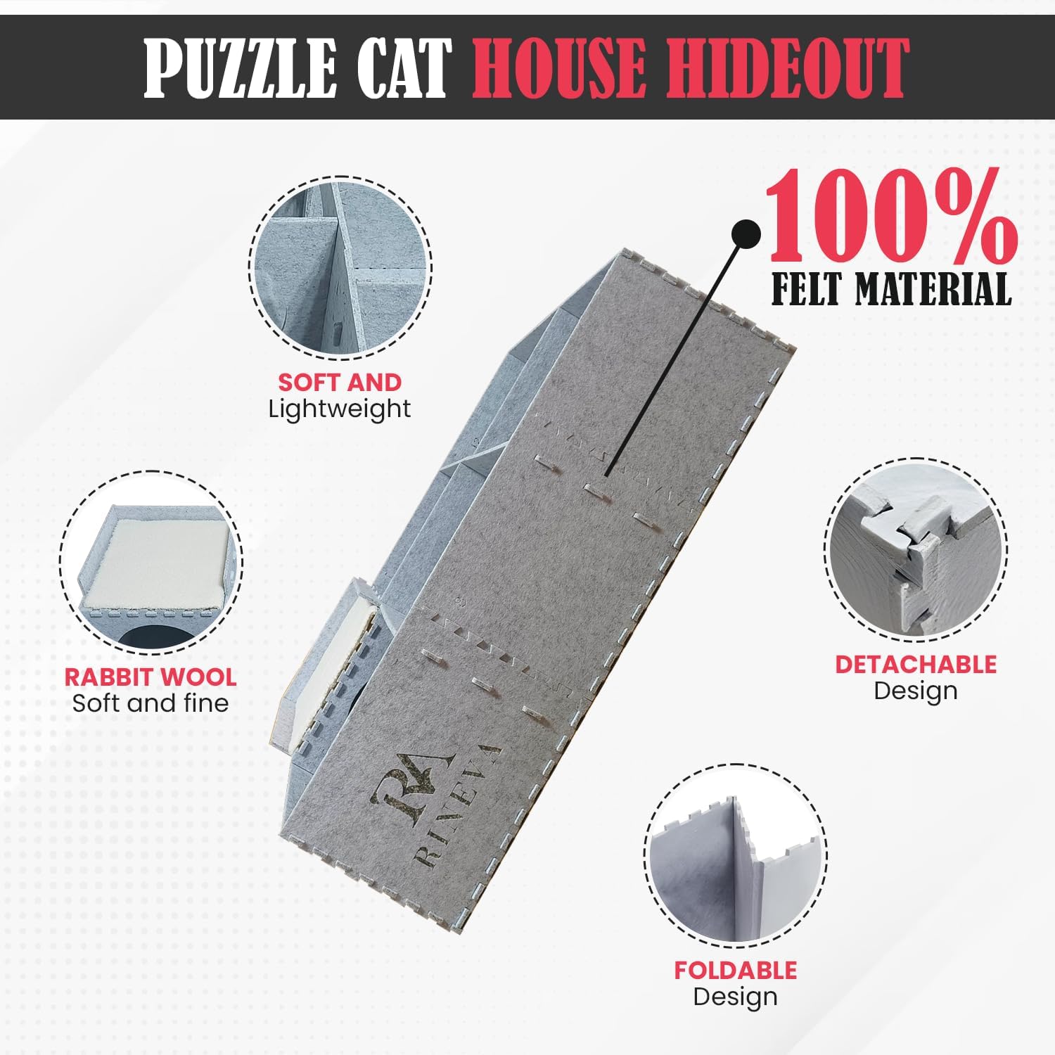 Cat Beds for Indoor Cats - Large Cat Cave for Pet House with Tunnel, Interactive Hideaway Maze, and Cozy Soft Felt Toy for Animals Activity. 38×24×12 inch, Gray