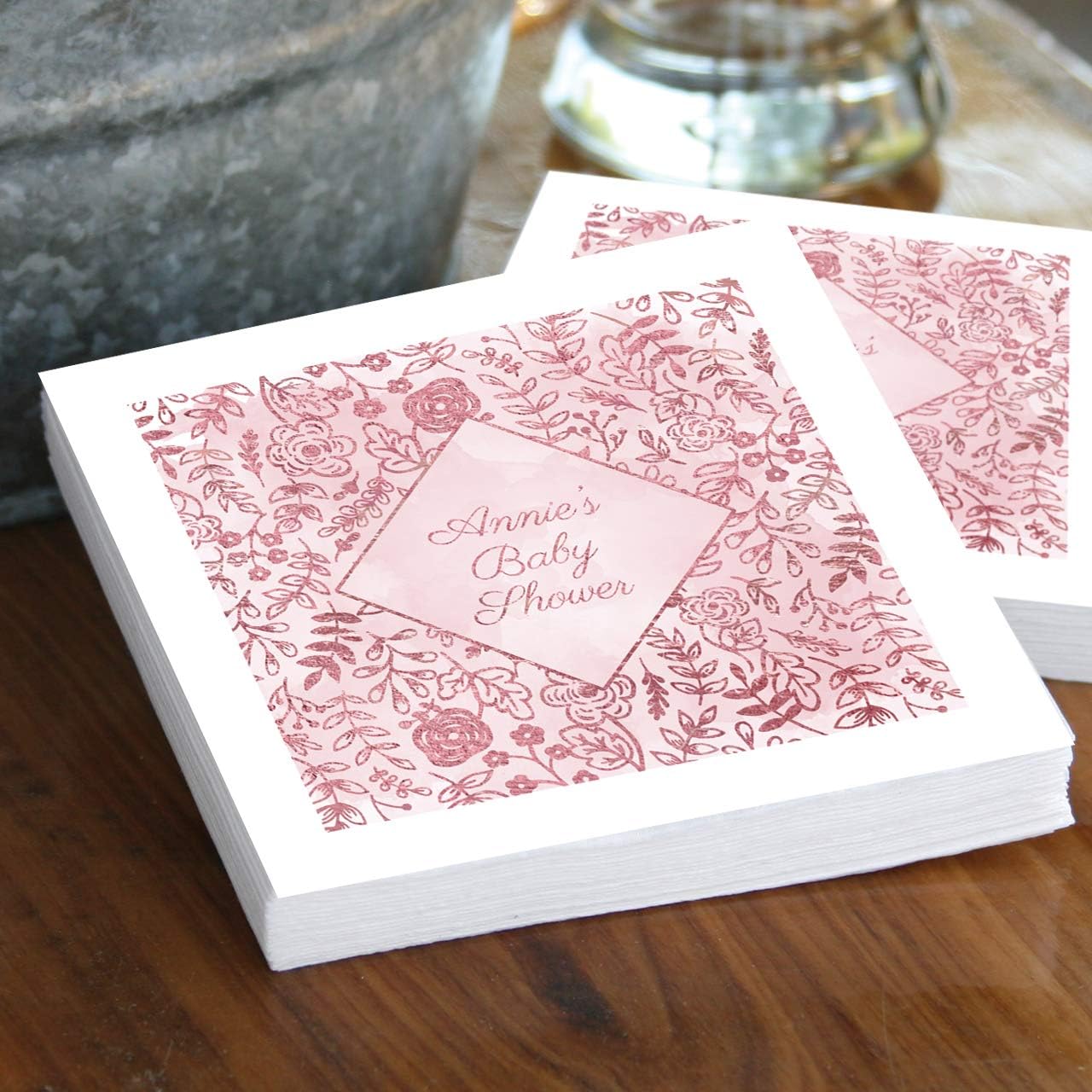 Shining Pink Floral Personalized Dinner Napkins / 100 White 3 Ply Paper Uncoined Luncheon Napkins With Pink Foil/Folded 6 1/2" x 6 1/2" Napkins/Made In The USA