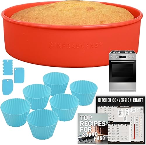 INFRAOVENS Moldes redondos de silicona para pasteles y cupcakes Moldes antiadherentes para hornear con tabla de conversión de cocina y folleto de