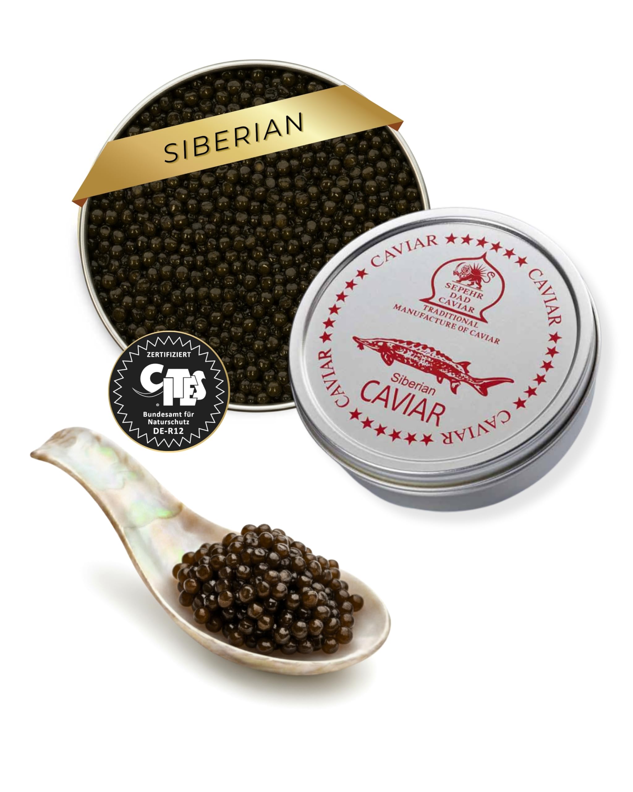 SEPEHR DAD CAVIAR Siberian Kaviar vom sibirischen Stör 125 g I feines bis mittelgroßes Korn I Siberian Caviar aus nachhaltiger Aquakultur I kräftig-würzig I Stör Kaviar aus Acipenser Baeri Störrogen