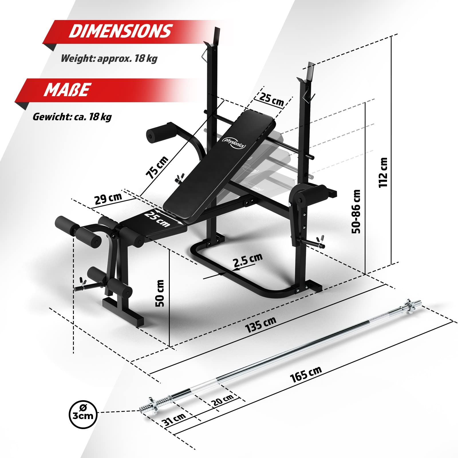 Physionics® Panca con Bilanciere e Pesi - Panca Regolabile con Portabilanciere, Barra (140/165 cm, 30 mm, Acciaio, Carico 300 kg), Dischi (31 mm, 2,5/5/10/15 kg), Set a Scelta - Stazione da Palestra