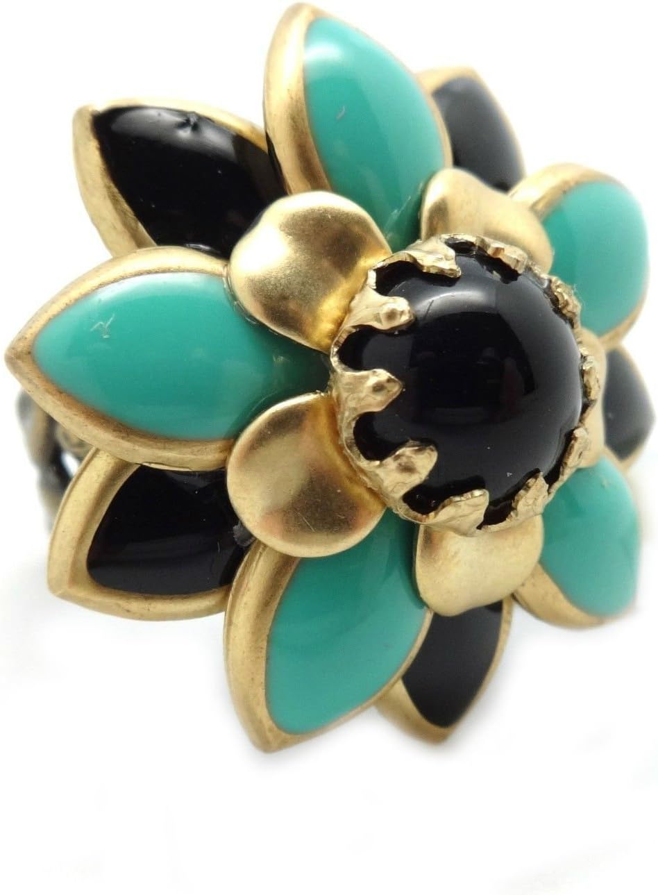 By Sweet Romance Aqua and Black Enamel Starflower Bronze Ring Adjustable