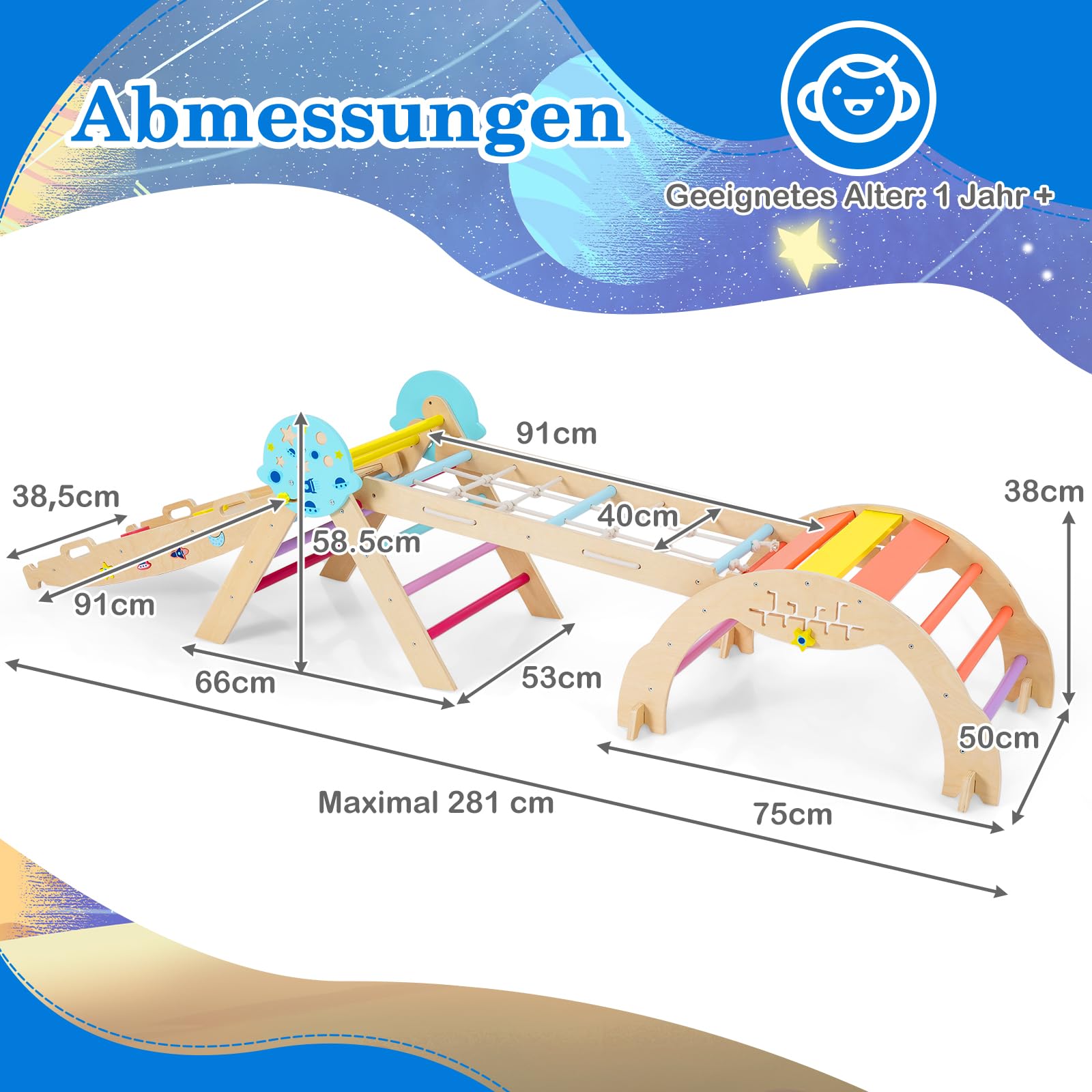COSTWAY Klettergerüst Indoor 4er Set, klappabres Kletterdreieck mit Rutsche, Kletterbogen, Netz, inkl. doppelseitige Rampe, Baustein Set & 2 Autos, Universum Sprossendreieck Holz für Kinder ab 1 Jahr