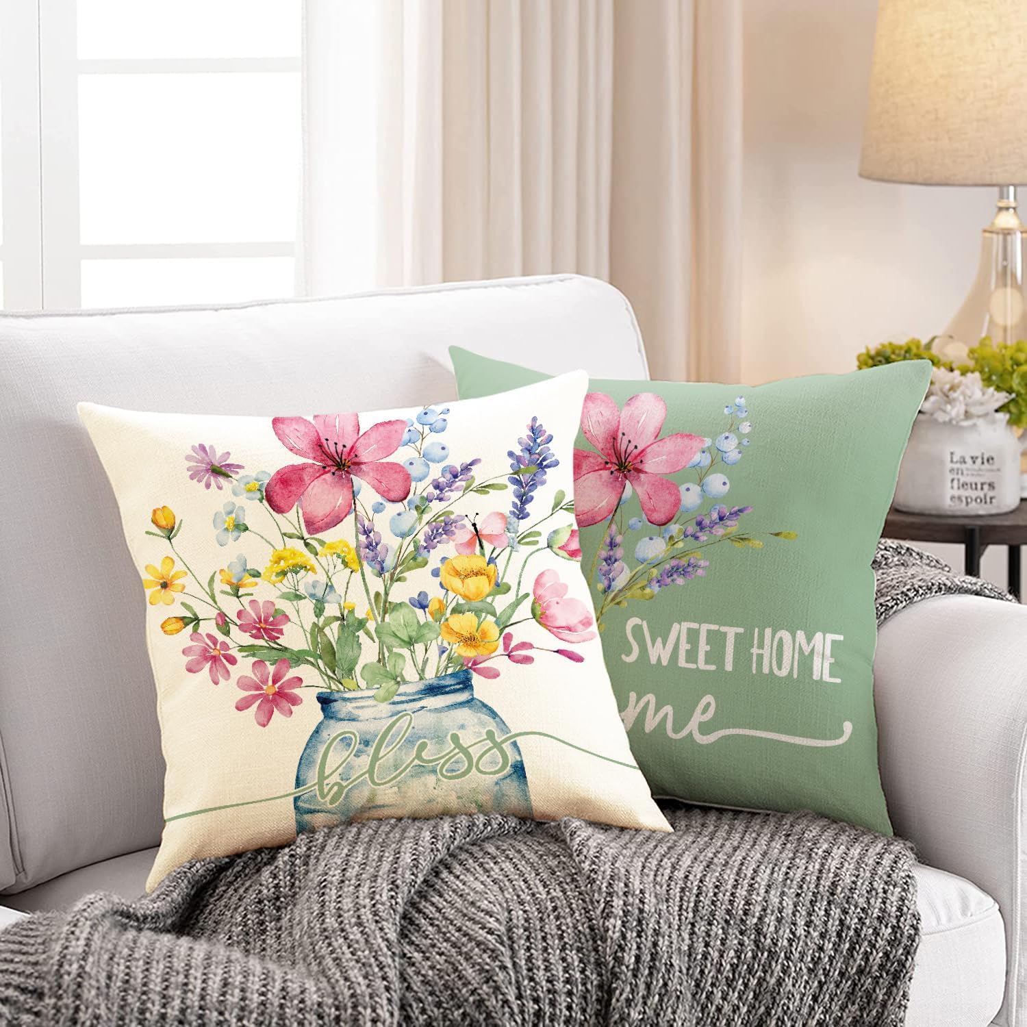 Outdoor Throw Pillow Covers 18x18 Set of 4 Spring Summer Garden Flowers Farmhouse Patio Decorative Cushion Covers Home Decor Couch for Sofa Bedroom Livingroom thumbnail