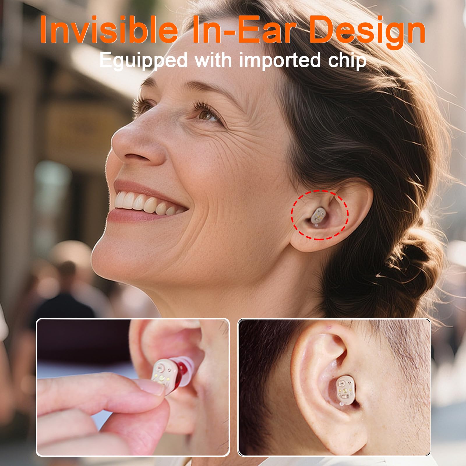 Dispositivo audio ricaricabile per anziani e adulti, dispositivo audio invisibile con 7 diverse dimensioni in silicone, design invisibile in-ear, eccellenza del suono, vestibilità comoda (rosso e blu)