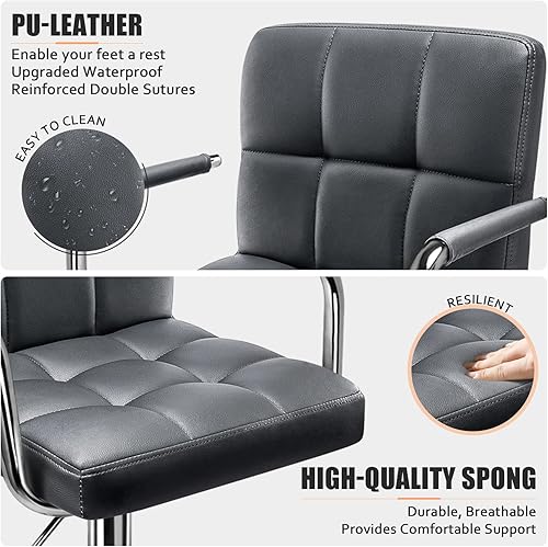 Miniatura 4 de Juego de 2 taburetes de bar grises con brazos, taburetes giratorios de altura de mostrador, taburete de bar ajustable con respaldo y reposabrazos,
