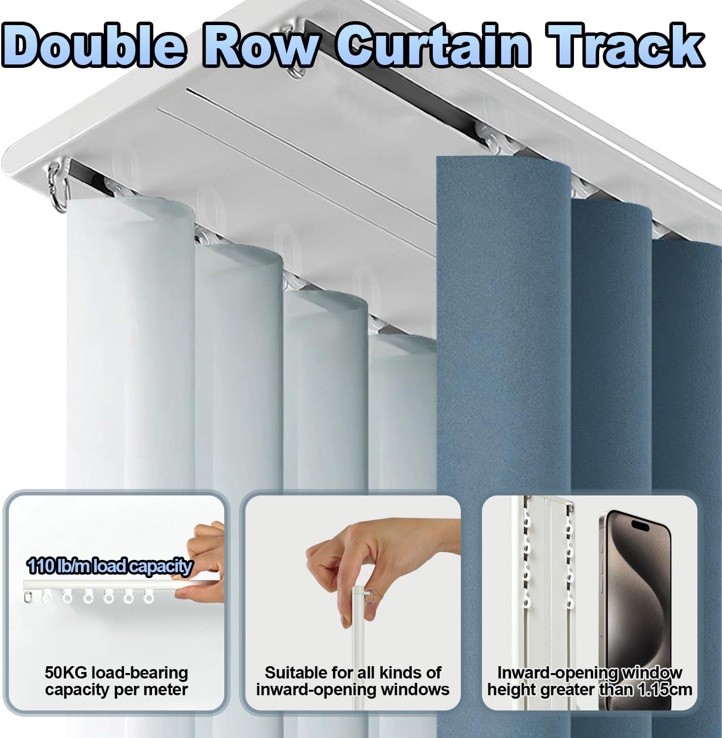 Heavy Duty Double Row Curtain Track - Silent Aluminum Alloy Ceiling Drape Set for Living Room, Bedroom, Hospital - Easy Install - Champagne Color, 2.9m (9.5ft)