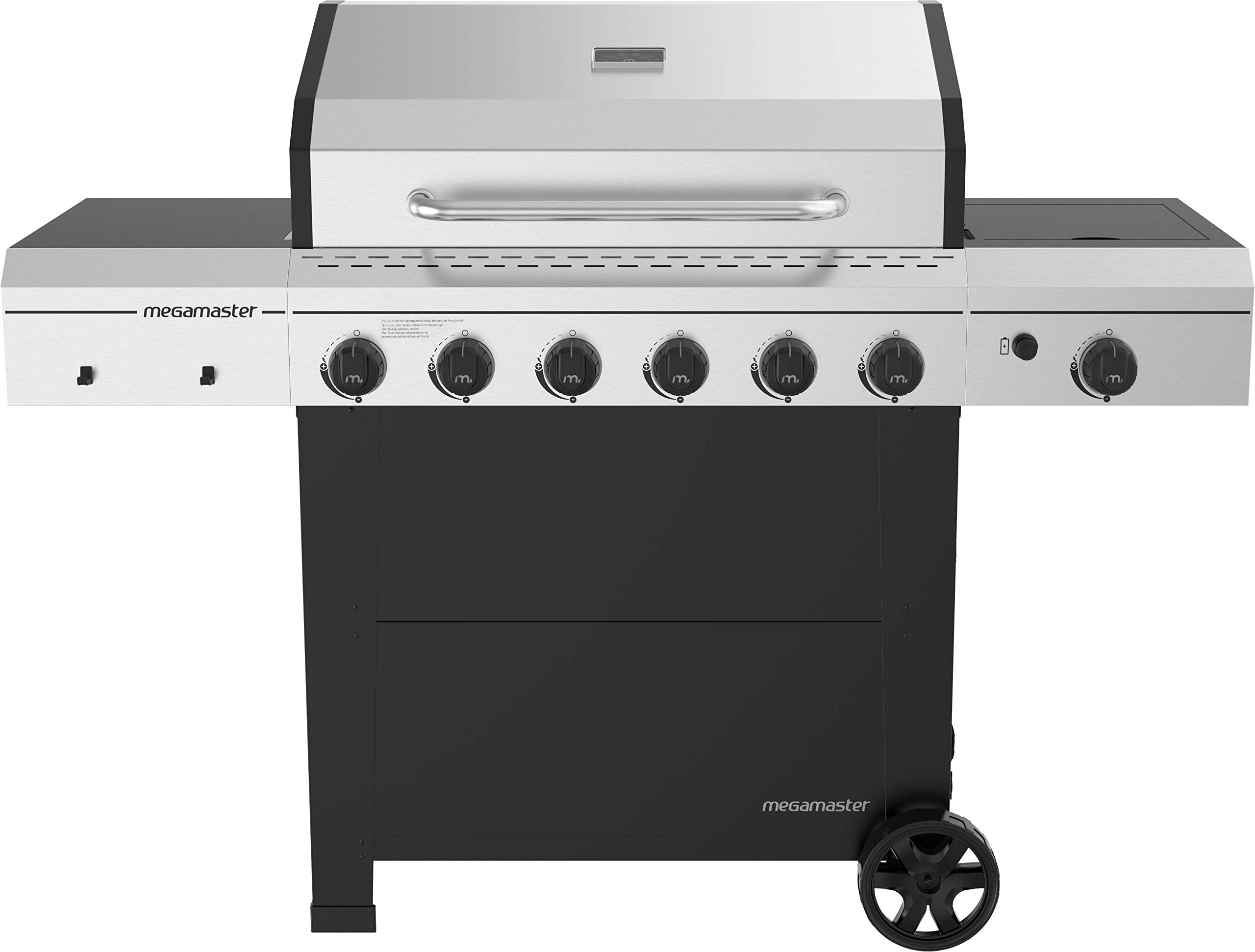 Megamaster 720-0983C Premium 6 Burner Propane Barbecue Gas Grill with Side Burner, Outdoor Cooking, Patio, Garden Barbecue Grill, With Side tables, Silver and Black