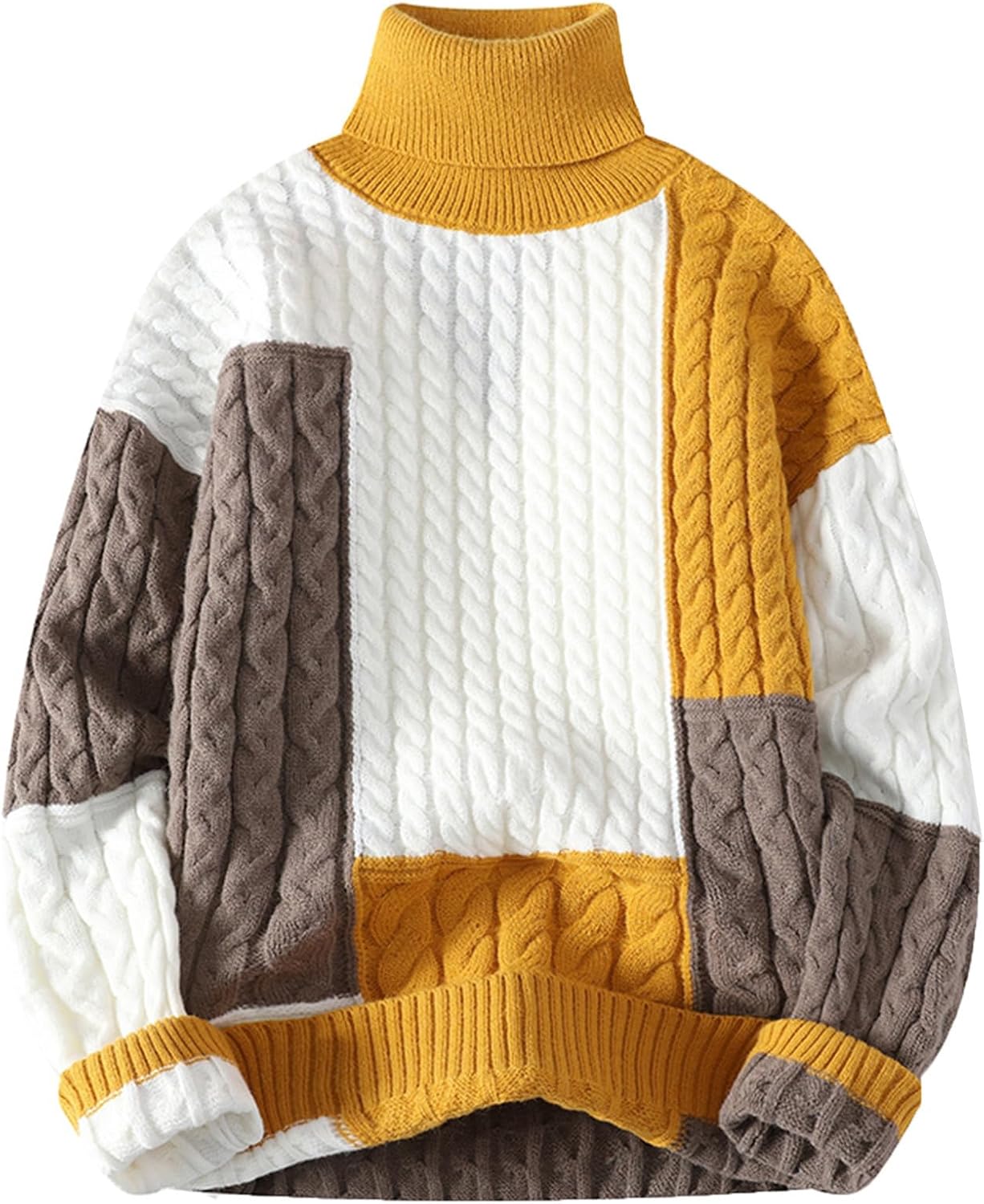 Cambkatl Men's Patchwork Cable Knit Pullover Sweaters Stylish Colorblock Turtleneck Long Sleeve Casual Jumper Tops