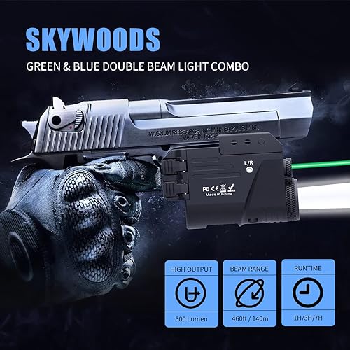 Miniatura 2 de Combo de linterna de haz láser de pistola, 500 lúmenes montada en riel para pistola láser, luz estroboscópica magnética recargable, arma táctica