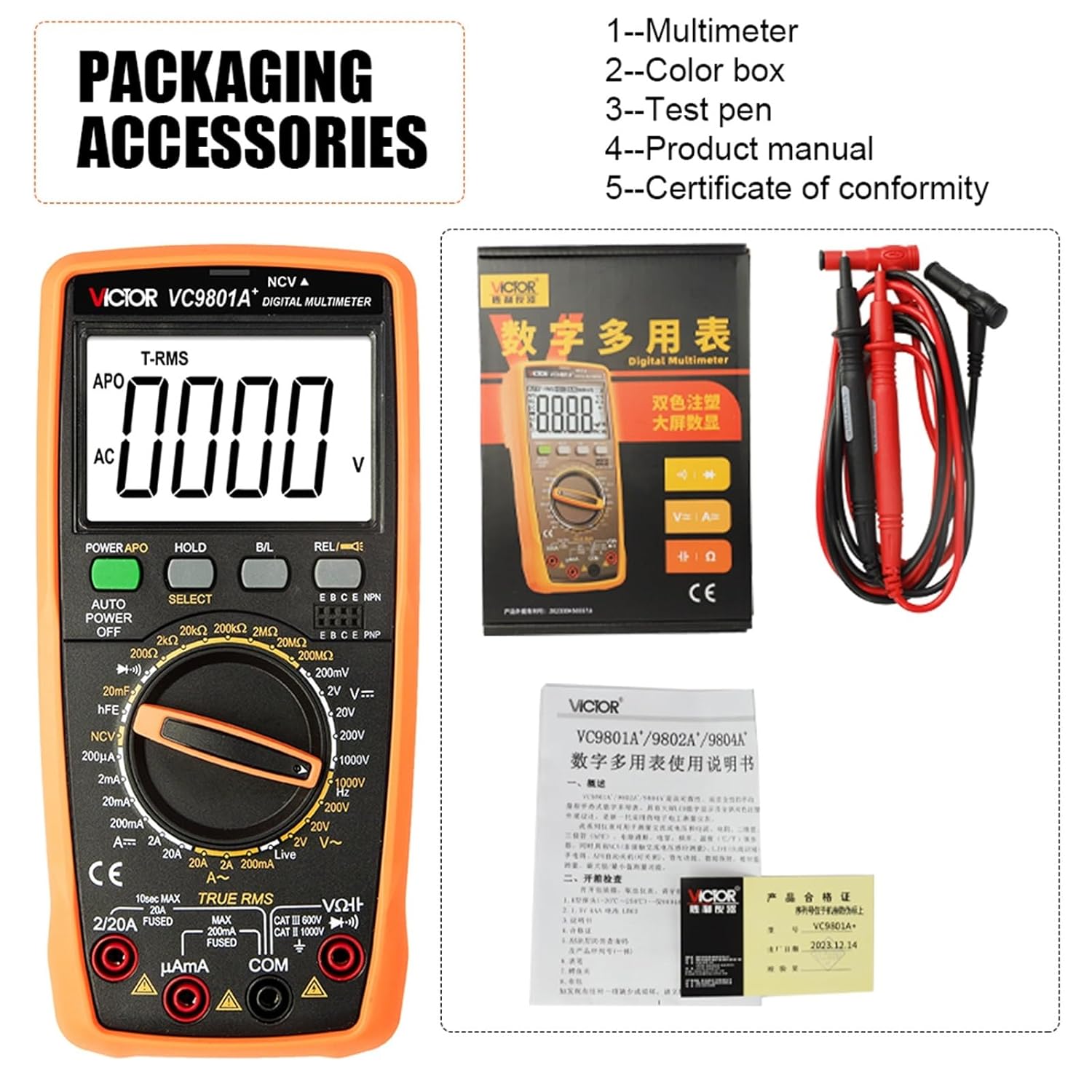 Professional Digital Multimeter Tester 1000V DC AC Volt Current Ohm Meter Triode Temp Capacitance Transistor Multimetro(9802A Plus)