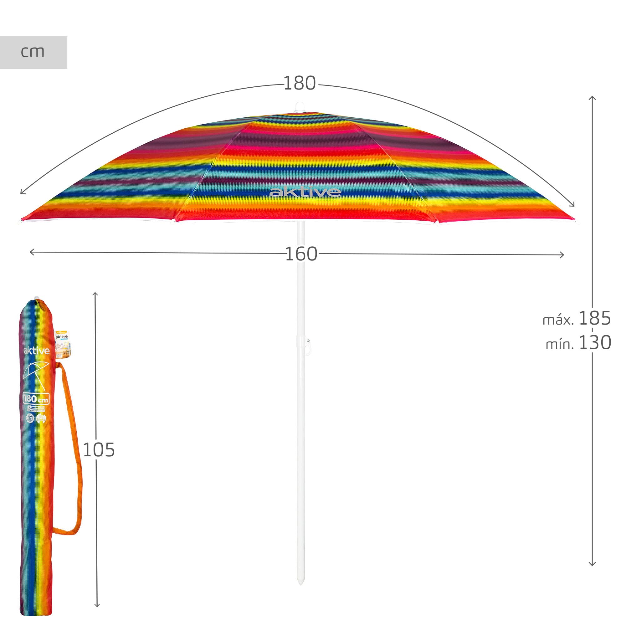 Ombrellone Da Spiaggia AKTIVE 180 Cm - Filtro UV 50+, Palo Regolabile, Borsa Trasporto, Righe Colorate