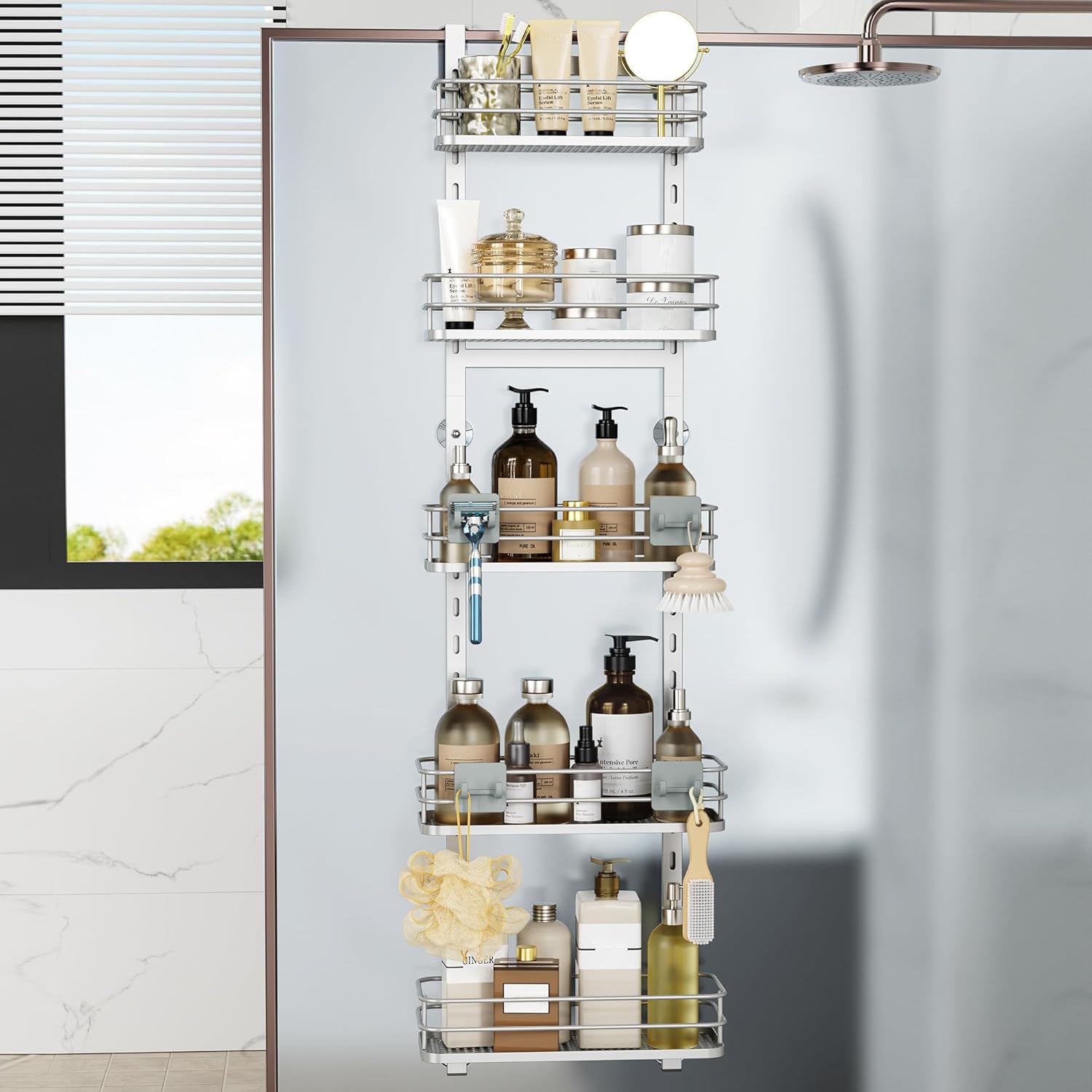 Orimade Over the Door Shower Caddy Adjustable 5 Tier Silver Bathroom Hanging Organizer Shelf Rustproof with 4 Hooks