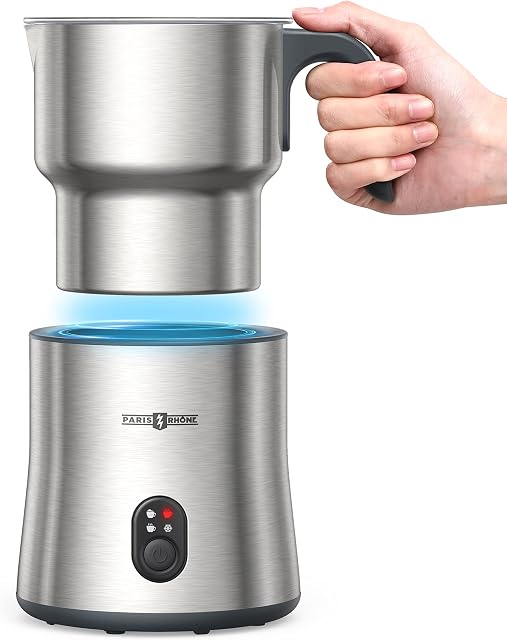Detachable Milk Frother Machine, PARIS RHÔNE 4 in 1 Automatic Stainless Steel Milk Steamer with Hot &Cold Foam Latte, Cappuccino, Hot Chocolate, Warm Milk, Macchiato, Dishwasher Safe, Silent Operation