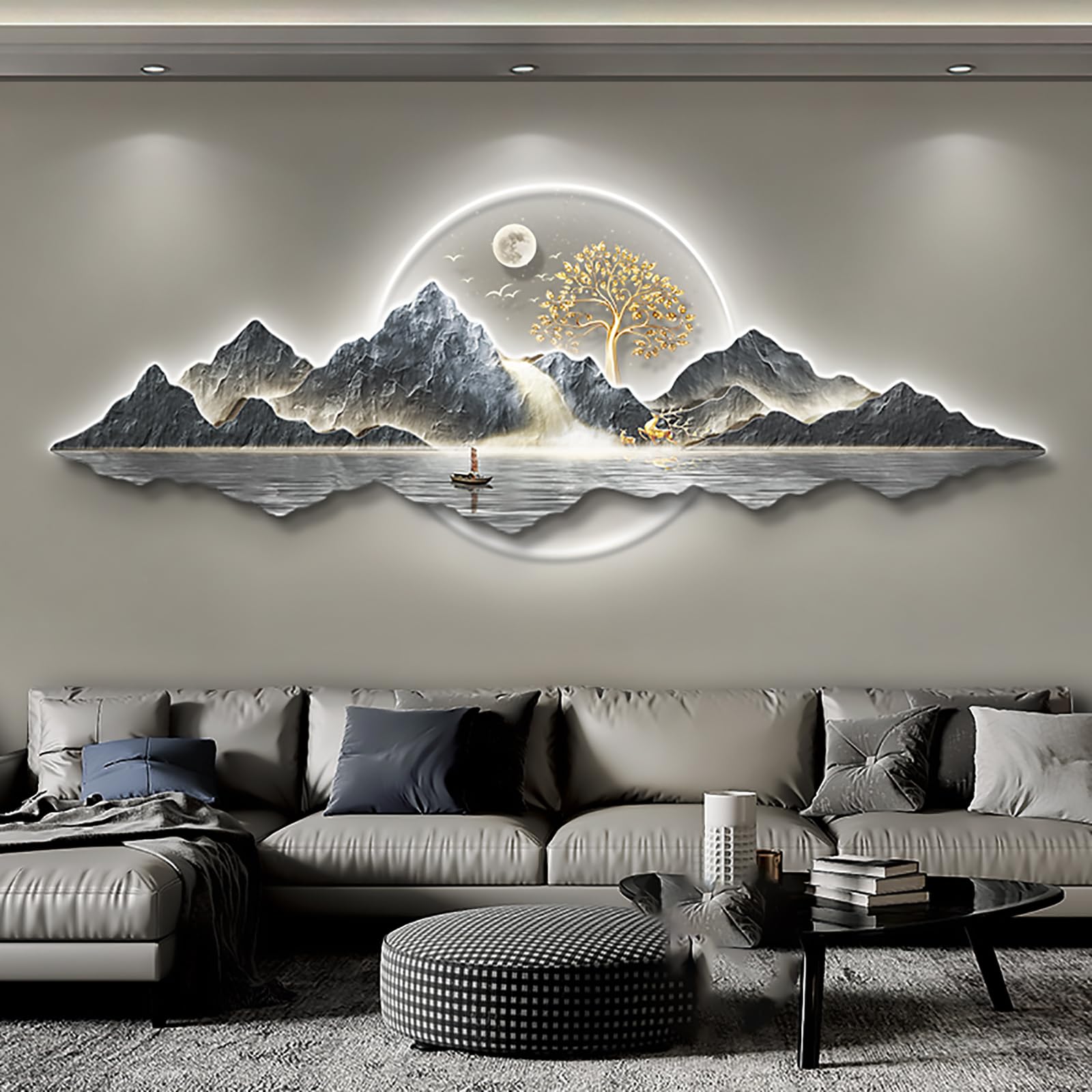 SXSCARKX Traditional Chinese Welcoming Pine Wall Hanging Painting with Led Light, Large 3D Art Décor Handmade Sculpture, Oriental Home Decor Sculptures