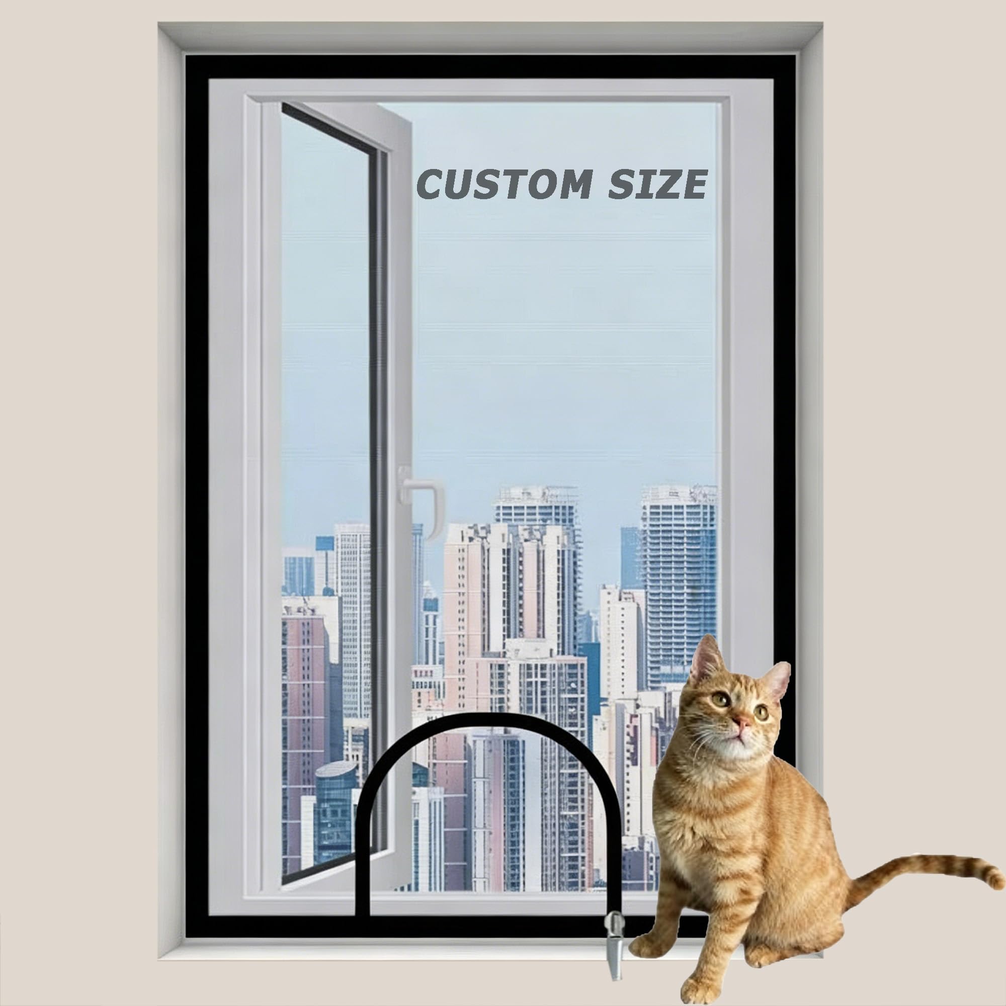 Xxiudee Black Custom Size Window Fly Screen For Summer Patio Balcony, Semi-Transparent Pets Protection Window Guard Self Adhesive Indoor Cat Safety Netting With Zipper