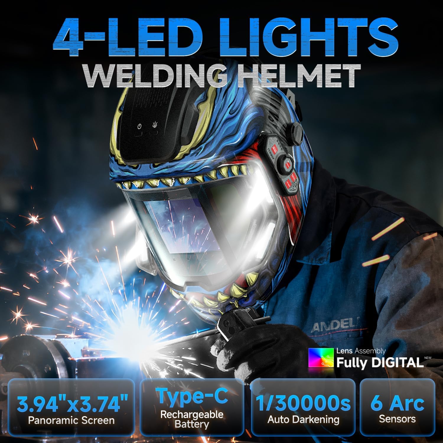 ANDELI Welding Helmet with 4 LED Light, Panoramic Large Viewing Screen 3.94"X3.74" True Color Auto Darkening Welding Helmet, 6 Arc Sensor Wide Shade 4/5-9/9-13 Type-C Charging MONERDB-LED-PRO