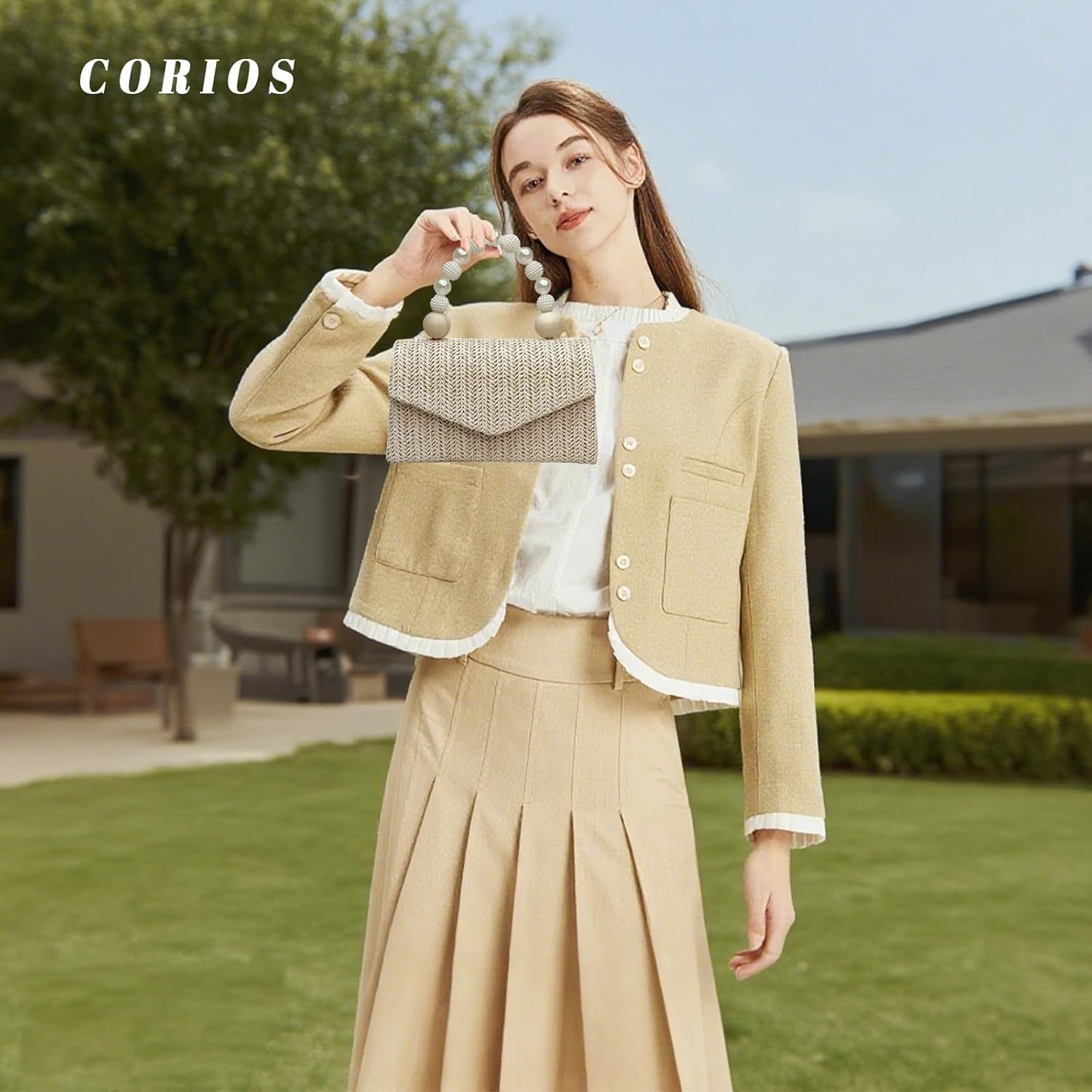 CORIOS Straw Evening Bag for Women Handwoven Clutch Bridal Wedding Purse Ladies Handbag Elegant Shoulder Crossbody Bag