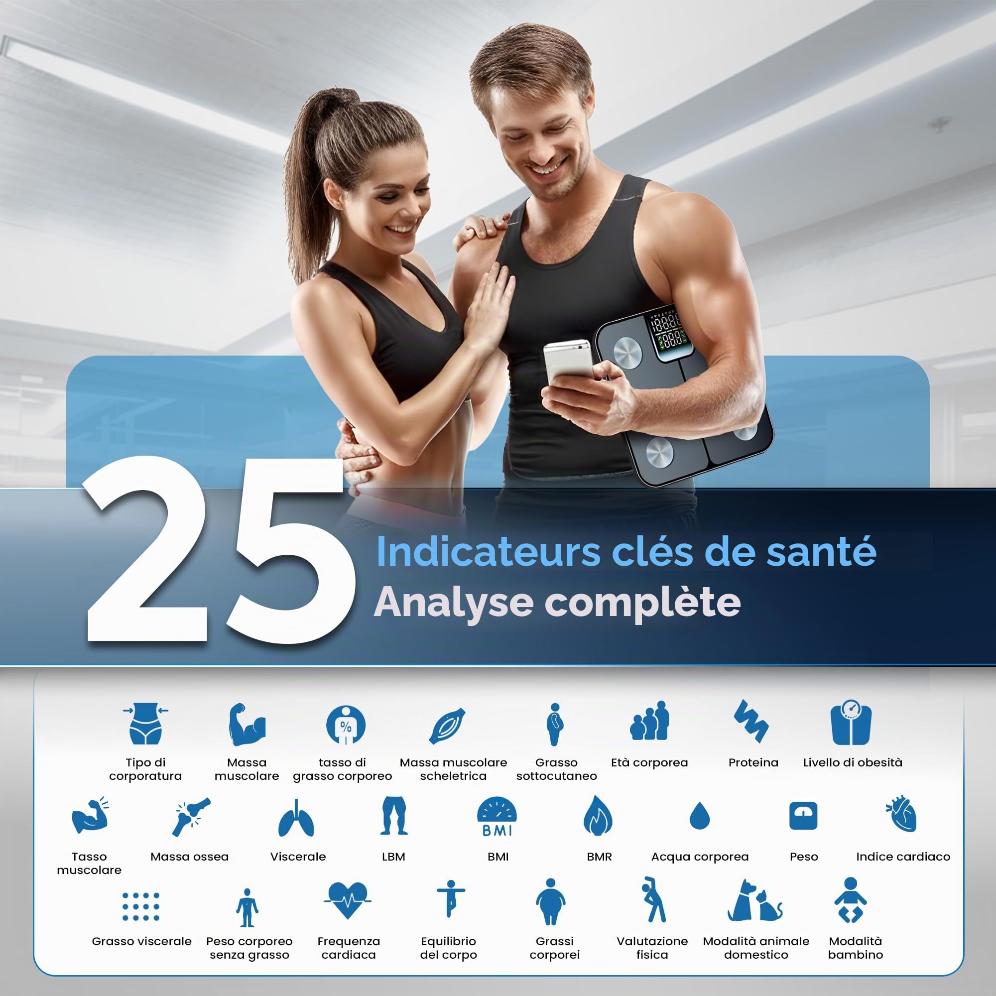 Brio 1 Balance Connectée Impédancemètre Bluetooth 5.0 Fréquence Cardiaque | 25 Paramètres IMC Masse Grasse Viscérale | Précision 0,05kg | App Gratuite | 24 Utilisateurs | Garantie 24 Mois