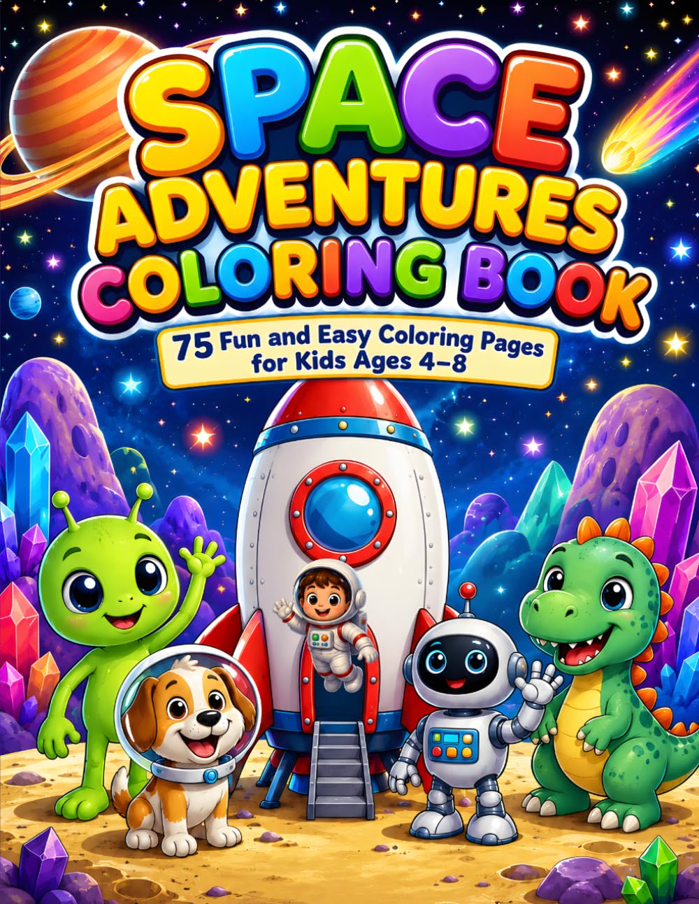 Space Adventures Coloring Book: 75 Fun and Easy Coloring Pages for Kids Ages 4–8