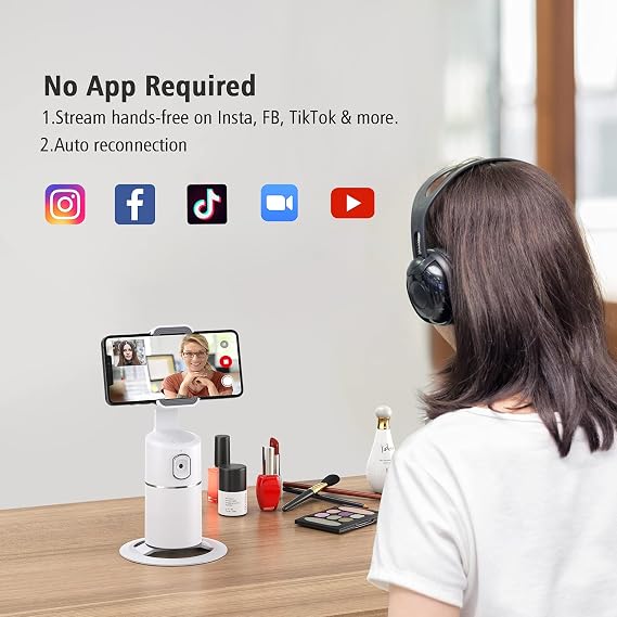 camrola Auto Face Tracking Phone Holder, No App Required, 360 Rotation Face Body Phone Tracking Tripod Smart Shooting Camera Mount for Live Vlog Streaming Video, Rechargeable Battery-White