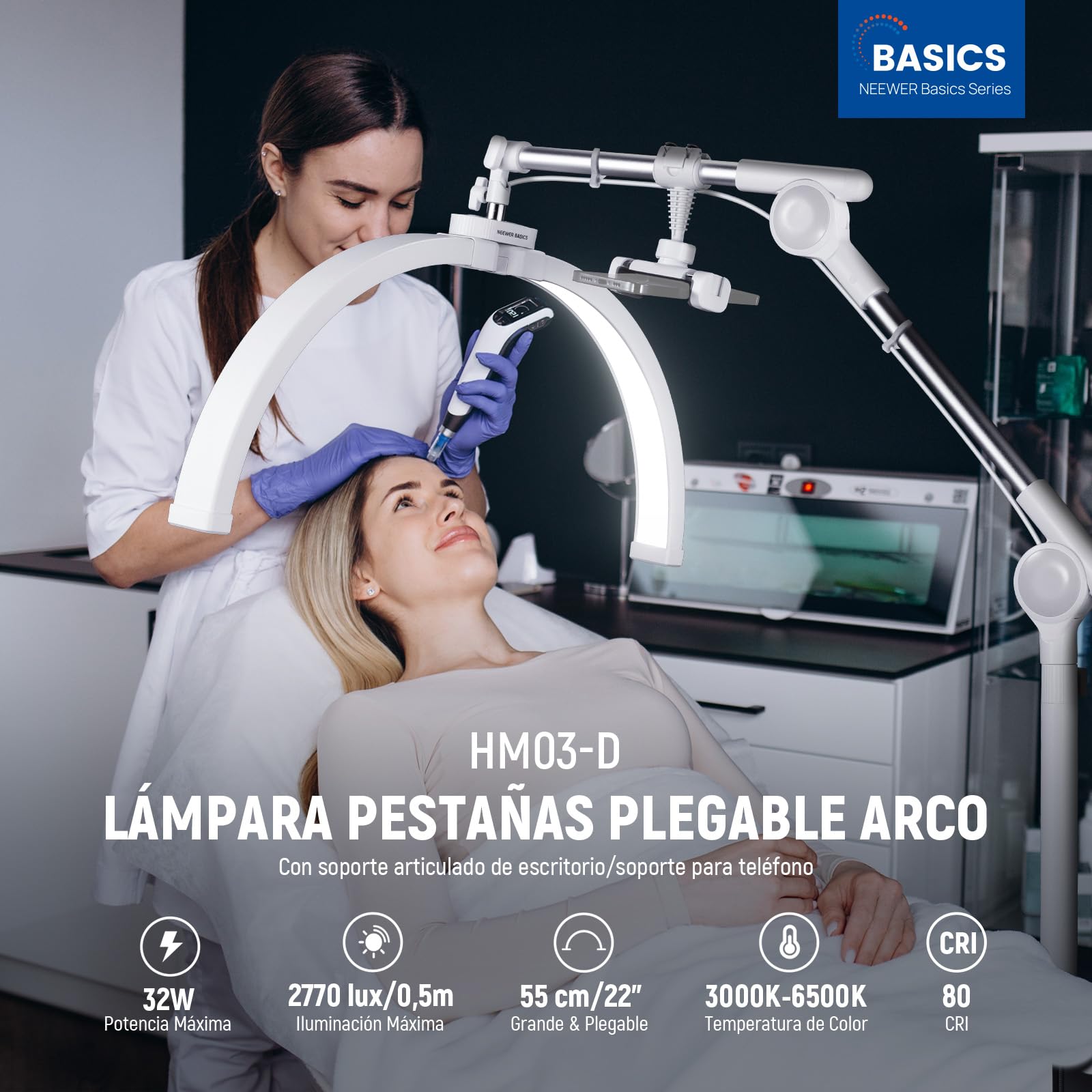 NEEWER BASICS 22" Half Moon Lash Light con Soporte Articulado Clamp Montaje Escritorio/Soporte Móvil, 32W Lámpara Arco LED Plegable para Manicura Maquillaje Belleza Tatuajes Grabación Video, HM03-D