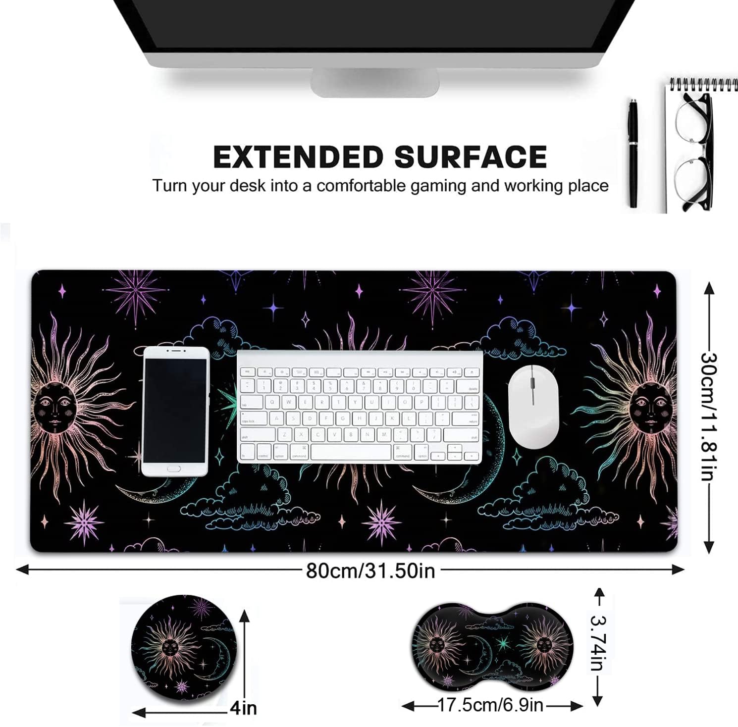 Large Gaming Mouse Pad, 31.5x11.8 in Extended Computer Mouse Mat with Non-Slip PU Base, Ergonomic Memory Foam Keyboard Wrist Rest, for Work & Gaming, Cute Sun Moon Black Office Desk Pad