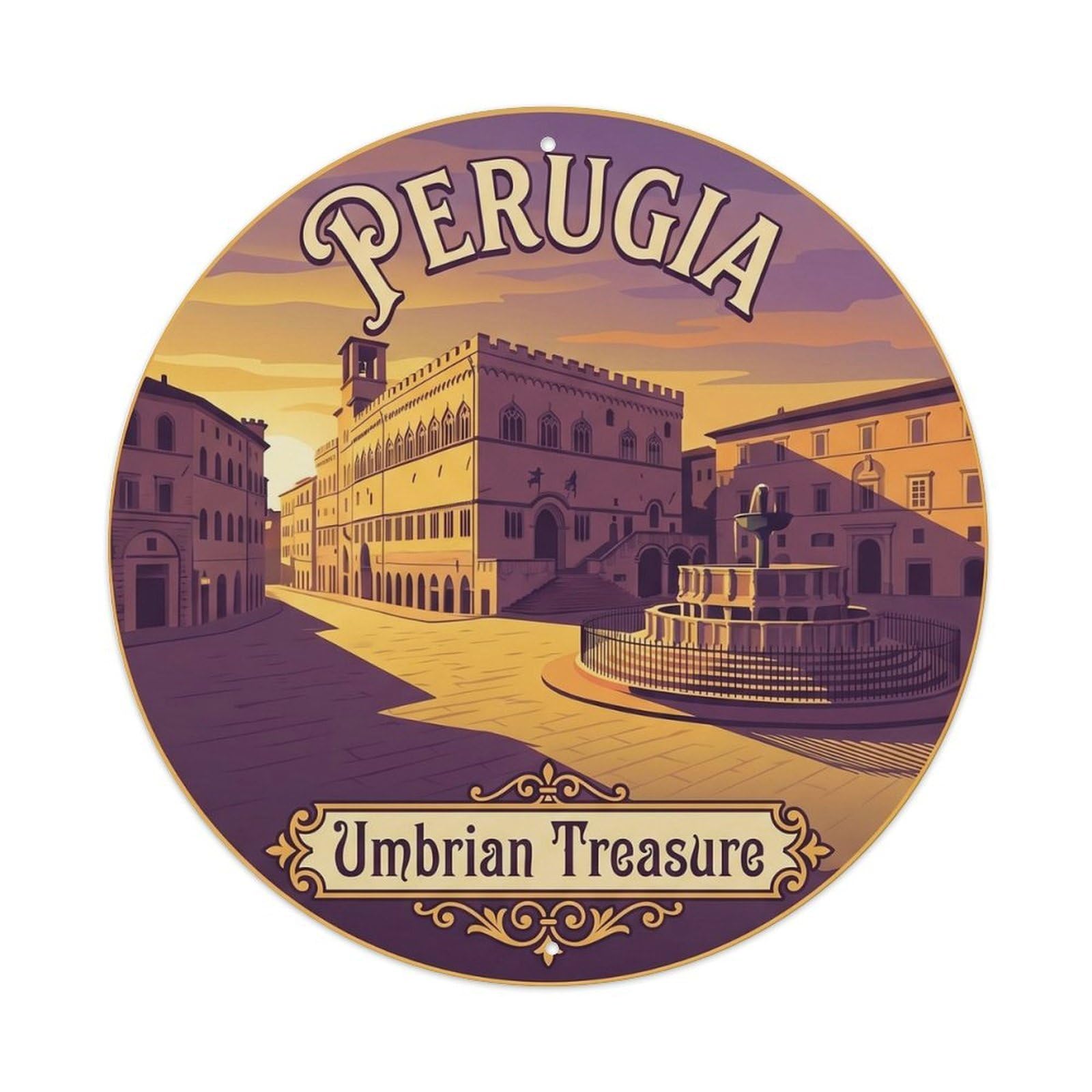 Perugia European Square Classic Nostalgic Europe Destination Metal Tin Sign Plaque Wall Decor for Cafe, Man Cave, Club Bar, Office, Home Garden Round Metal Poster 8x8Inch