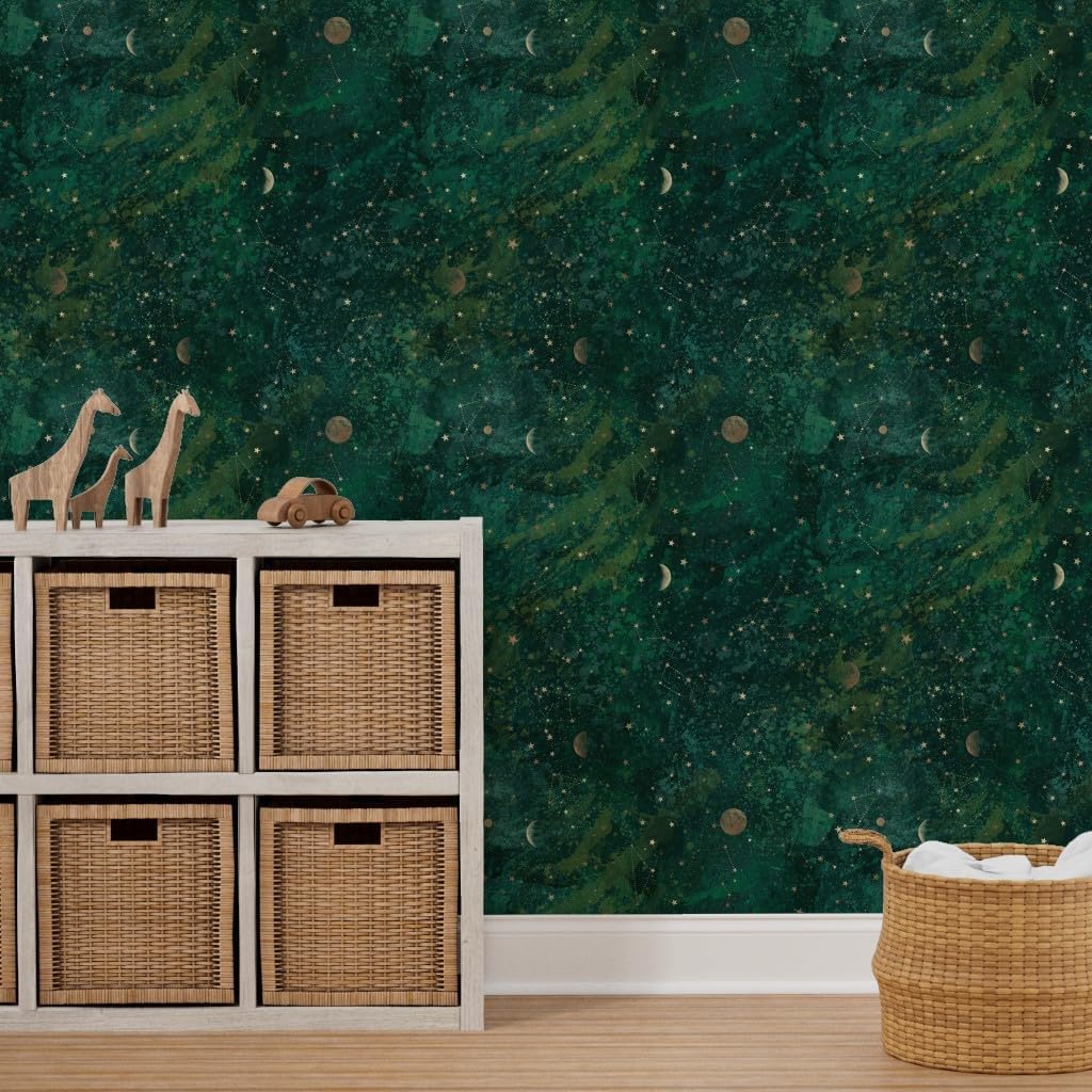 Spoonflower Removable Wallpaper 3ft x 2ft - Dark Green Moon Stars Bohemian Star Night Celestial Custom Pre-Pasted Wallpaper