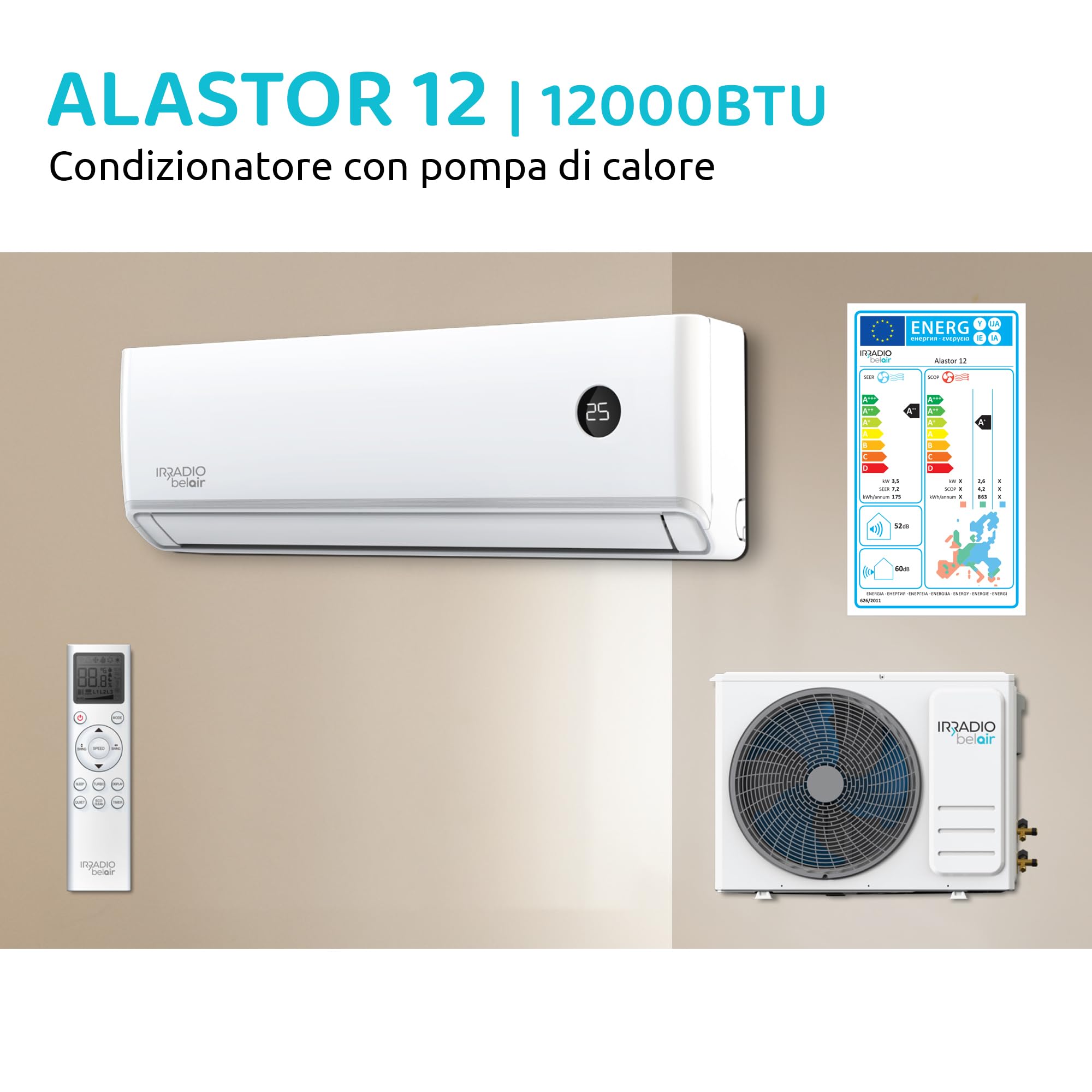 ALASTOR 12, 12000 btu, Kit Condizionatore Inverter con Pompa di Calore, Gas R32, Classe A++/A+, Telecomando, Filtri Lavabili, Display LCD, Funzioni Avanzate, Timer Programmabile